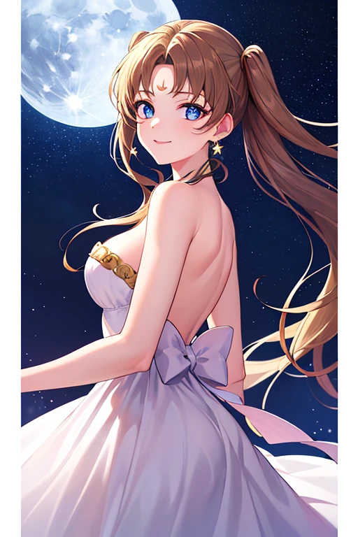 ((best quality)), ((highly detailed)), masterpiece, absurdres, (detailed eyes, deep eyes), (1girl), dynamic pose, long dark brown hair (to her back), smiling, Princess_white_strapless_dress_huge_back_bow_Golden_crescent_forehead_mark, (at a floating island, midnight, night sky, stars, moonlight, shooting star)