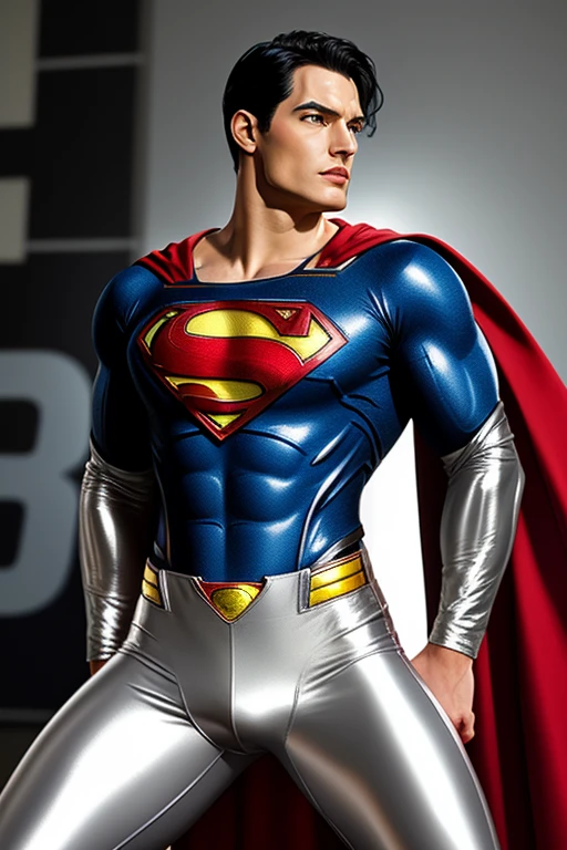 best quality,masterpiece, Superman, Ultra high detail,A handsome muscular man,Short black hair, wearing a white and silver shiny translucent latex spandex