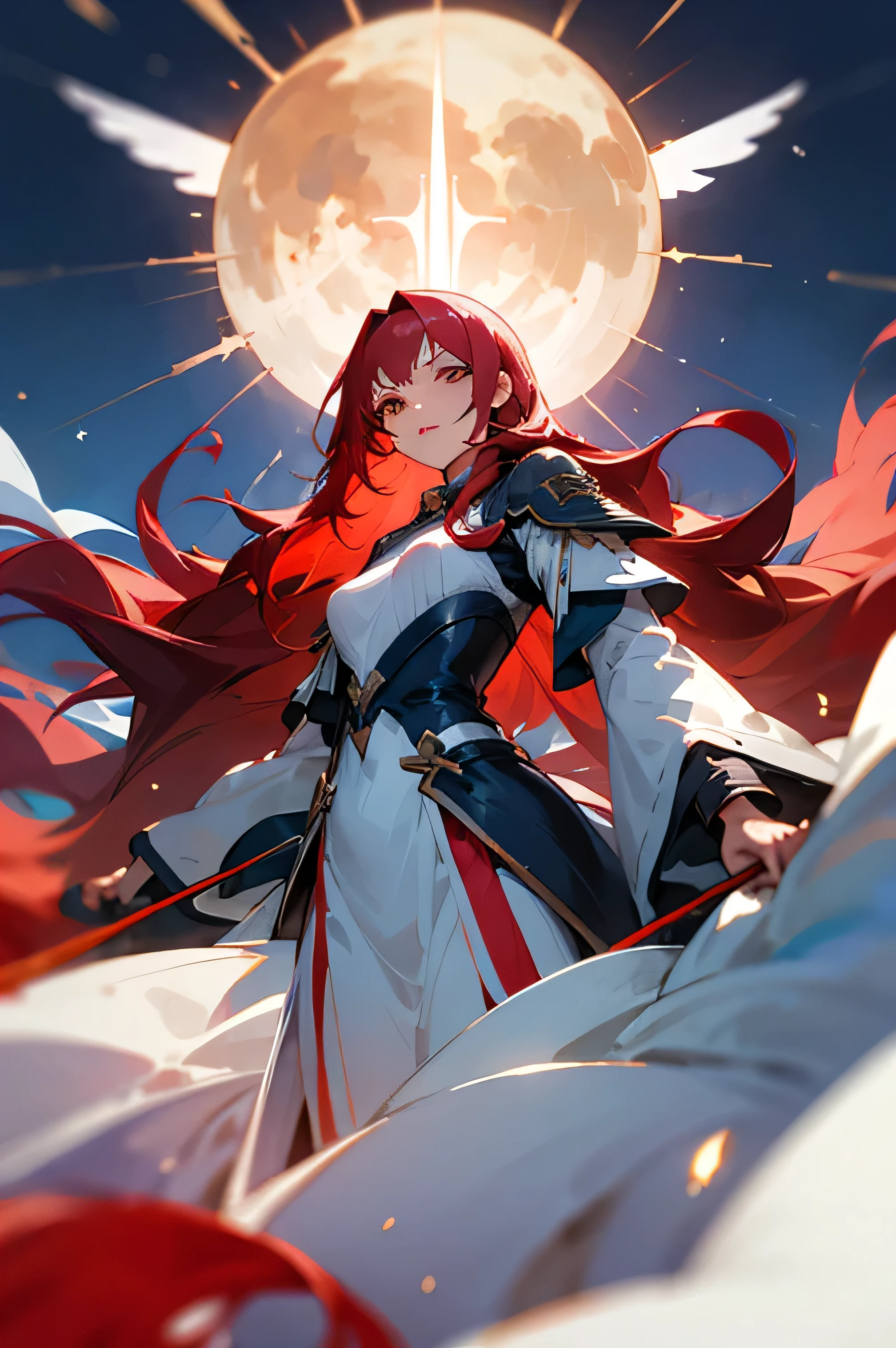 A heroine with long red hair, heavenly clothes