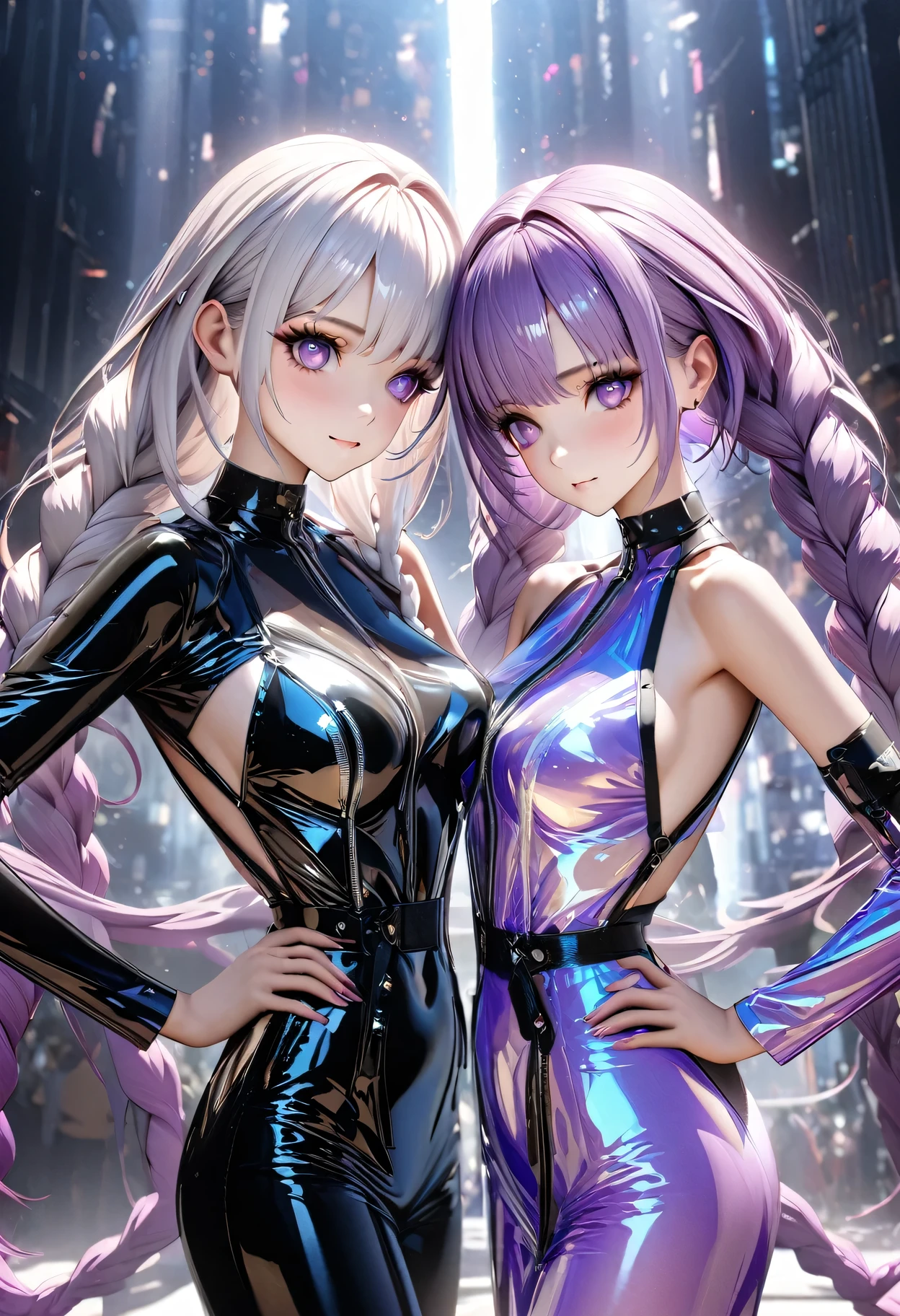 best quality,masterpiece, 2 girls side by side, yinji, purple hair, purple eyes, long hair, white hair, double braids, gradient hair, Refined and elegant, 3D Rendering, Transparent PVC clothing,Transparent colored vinyl garment,Prismatic,holographic,Chromatic Aberration,Fashion Illustration,looking at the audience,pixiv,Extremely detailed CG unified 8k wallpaper, Astonishing, movie lighting, Very detailed, Clear focus. (The background is a bustling city night scene) (Great Works: 1.3), perfect work of art,