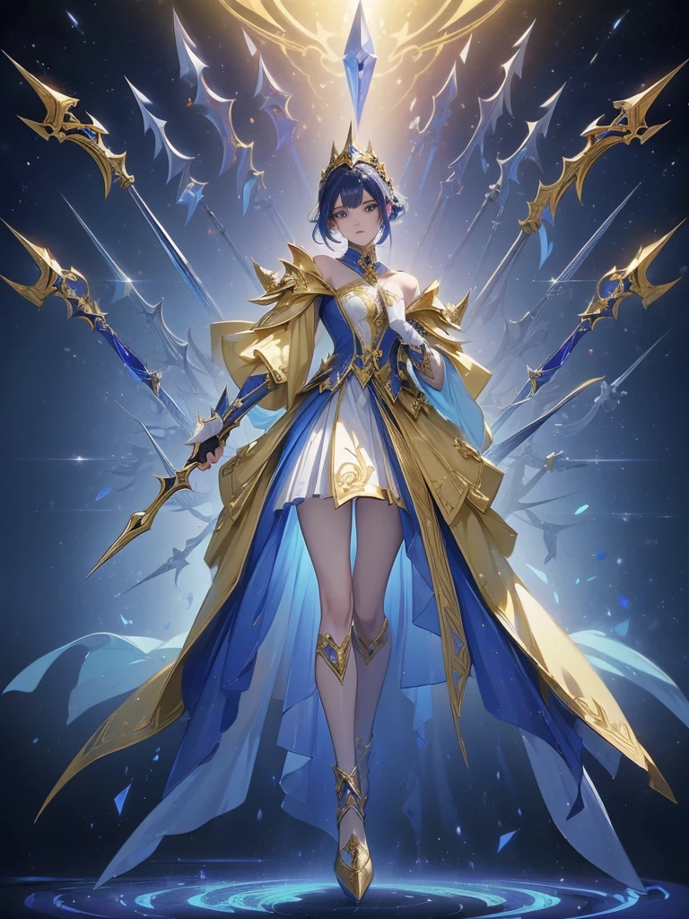 Design a layout showcase Gaming character, (1girl). Golden+Purle clothes, stylish and unique, ((showcase weapon:1.4)), magic staff, (masterpiece:1.2), (best quality), 4k, ultra-detailed, (Step by step design, layout art:1.5), (luminous lighting, atmospheric lighting), magican, ((glove full hands)), (((revealing clothes:1.3))), vambraces, armored legwear, (((full_body_shot:1.4)))