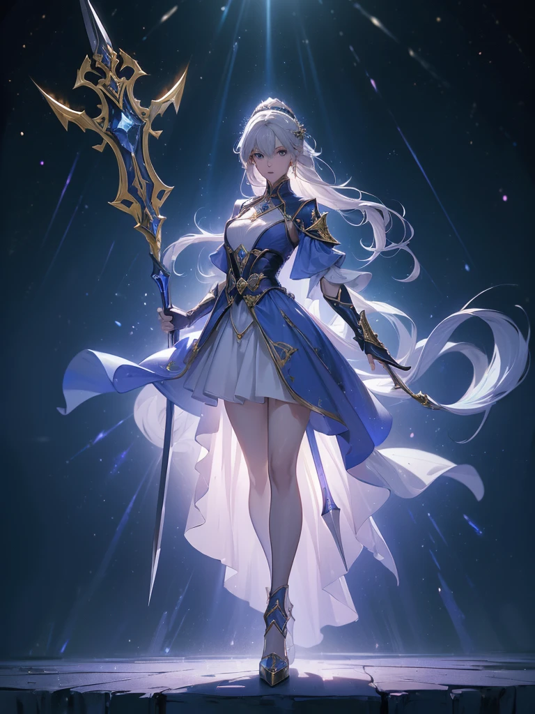 Design a layout showcase Gaming character, (1girl). Golden+Purle clothes, stylish and unique, ((showcase weapon:1.4)), magic staff, (masterpiece:1.2), (best quality), 4k, ultra-detailed, (Step by step design, layout art:1.5), (luminous lighting, atmospheric lighting), magican, ((glove full hands)), (((revealing clothes:1.3))), vambraces, armored legwear, (((full_body_shot:1.4)))
