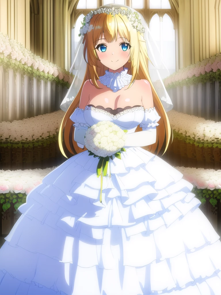 (((Best quality))),((Ultra-detailed)),((illustration)),((Disheveled hair)),((frilld)),(1 girl),
1girl,bare shoulders,blonde hair,blue eyes,blush,bouquet,dress,elbow gloves,flower,gloves,hair ornament,jewelry,long hair,looking at viewer,smile,solo,veil,wedding dress,white dress,window,