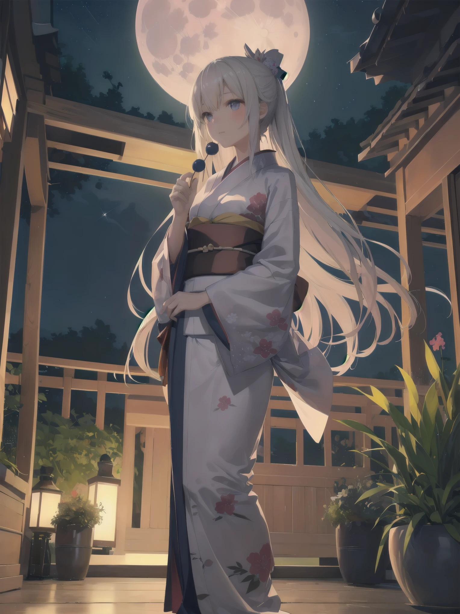 (full moon and girl, kimono, tsukimi dango, looking at the moon on the porch) As the full moon twinkles in the night sky, a young girl in kimono sits on the porch, quietly looking up at the moon while holding a tsukimi dango in her hand. The shades of her kimono reflect the moonlight, making her even more beautiful in the quiet night. The full moon is large in her eyes and the silence of the night is pleasant. The bamboo grove in the garden rustles in the wind, and a peaceful moment flows through her mind.