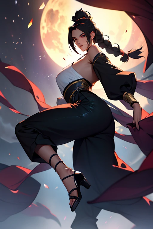 Jump towards the moon、Female ninja、Angle from the side、fully body photo、