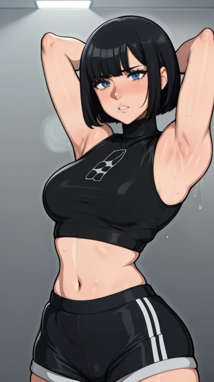 gym background、Super detailed illustrations、Super precise expression、masterpiece、highest quality、ultra high resolution、high resolution、(Sweat、body fluid)、shiny skin、black hair、bob cut hair、red eyes、black croptop turtleneck、sleeveless、Standing picture、hot pants、put hands behind head, armpits, armpits visible, sweaty armpits, small breasts
