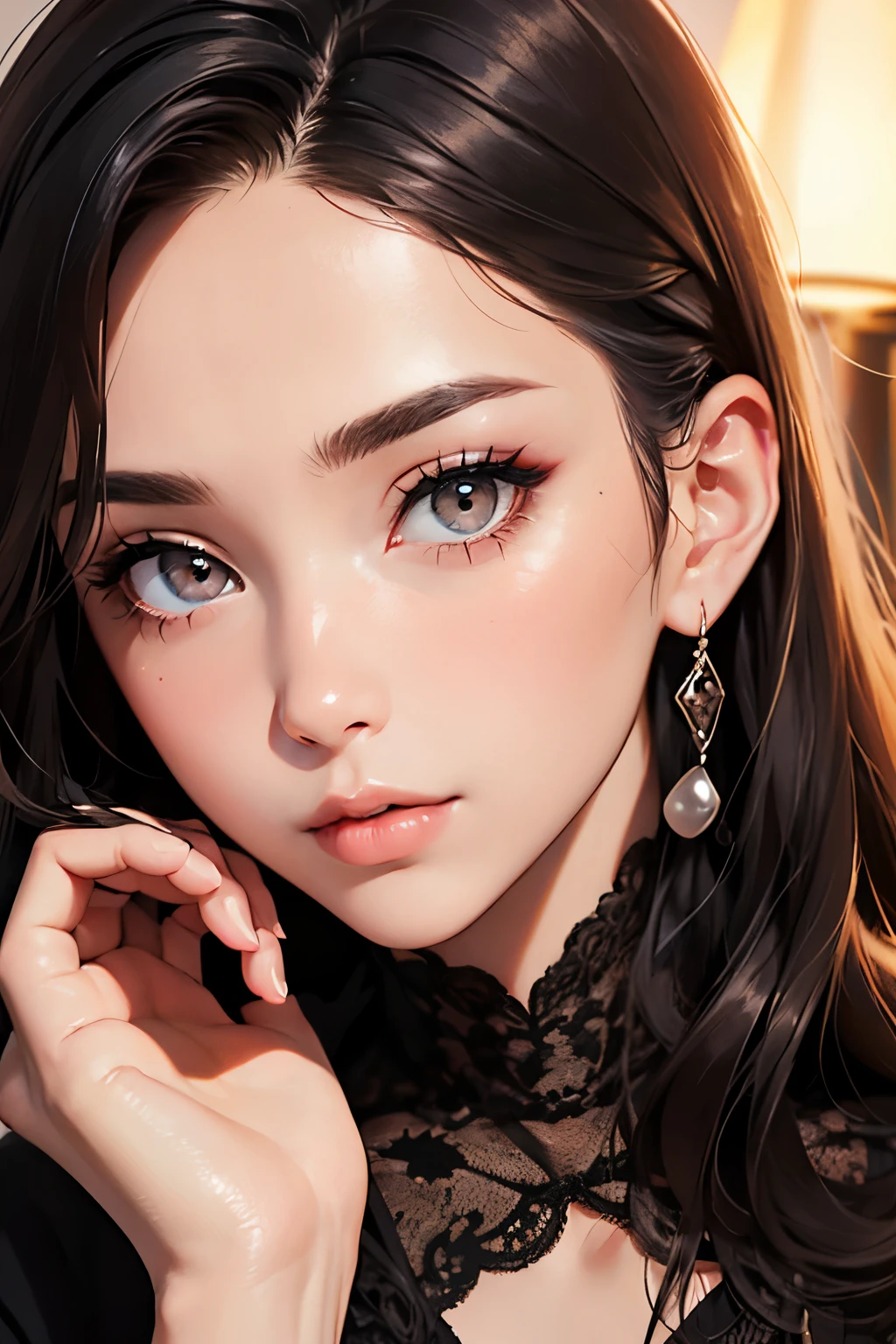 highest quality、High resolution、Detailed Background、(Beautiful face in every detail:1.4)、Anatomically correct、(Detailed facial expressions)、(fine grain:1.2)、Beautiful Madame in her 50s、(Highly detailed face:1.4)、Stroking hair back、Brown Hair、Black Hair、Long Hair、Wavy Hairstyle、well-groomed eyebrows,eye make up、Lip Makeup、Adult behavior、Night view of the port city、Calm atmosphere、(Fits on one screen)

