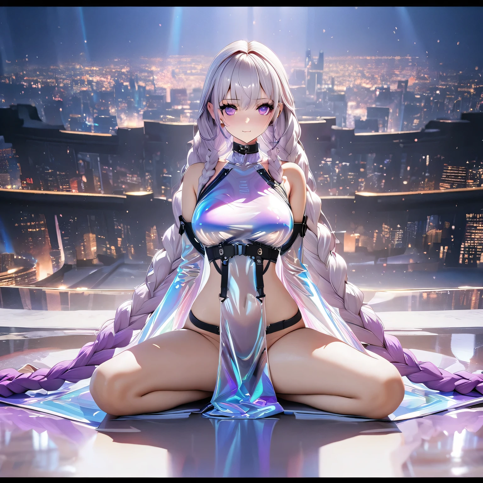 best quality,masterpiece, a girl Lotus position in Yoga, yinji, purple hair, purple eyes, long hair, white hair, double braids, gradient hair, Refined and elegant, 3D Rendering, Transparent PVC clothing,Transparent colored vinyl garment,Prismatic,holographic,Chromatic Aberration,Fashion Illustration,looking at the audience,pixiv,Extremely detailed CG unified 8k wallpaper, Astonishing, movie lighting, Very detailed, Clear focus. (The background is a bustling city night scene) (Great Works: 1.3),  perfect work of art, 