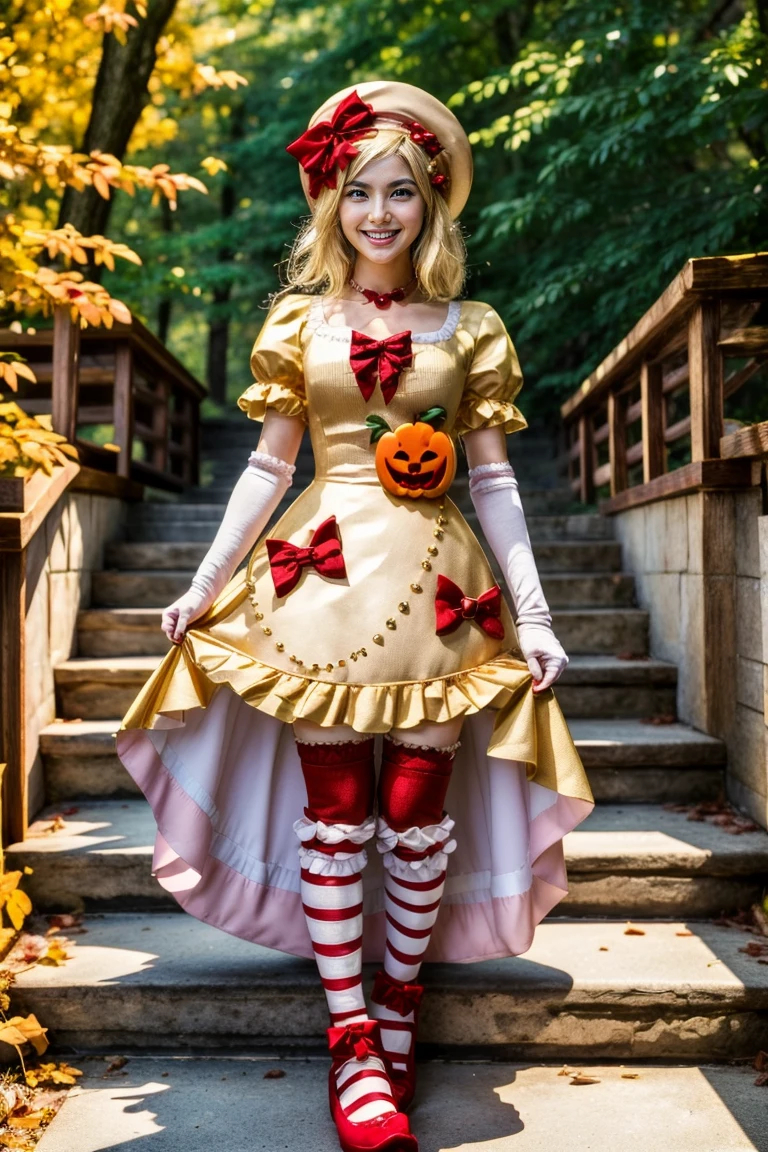 (masterpiece),(best quality), lambdadelta, gold blonde hair, dress, shoes bow, red shoes, striped stockings, red bow, pink hat, pumpkin brooch, necklace, gloves, pearl, walking, smile, stairs, temple, mountain, forest, looking at the viewer, extremely detailed background,