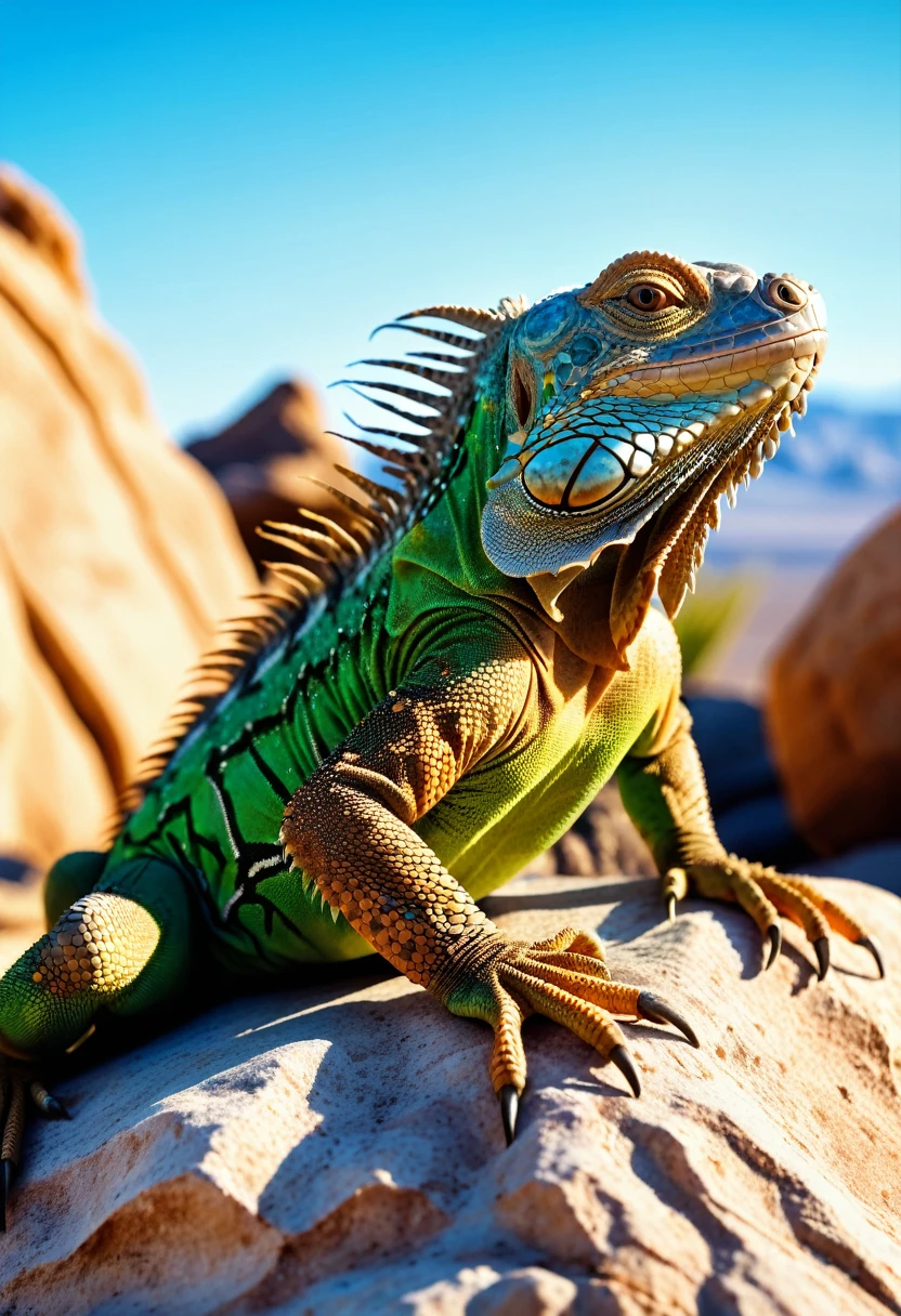 a highly detailed iguana relaxing on a rock, sun-drenched desert landscape, clear sky, warm lighting, vibrant colors, photorealistic, 8k, best quality, intricate details, realistic textures, natural setting, (best quality 1.8), ((masterpiece))