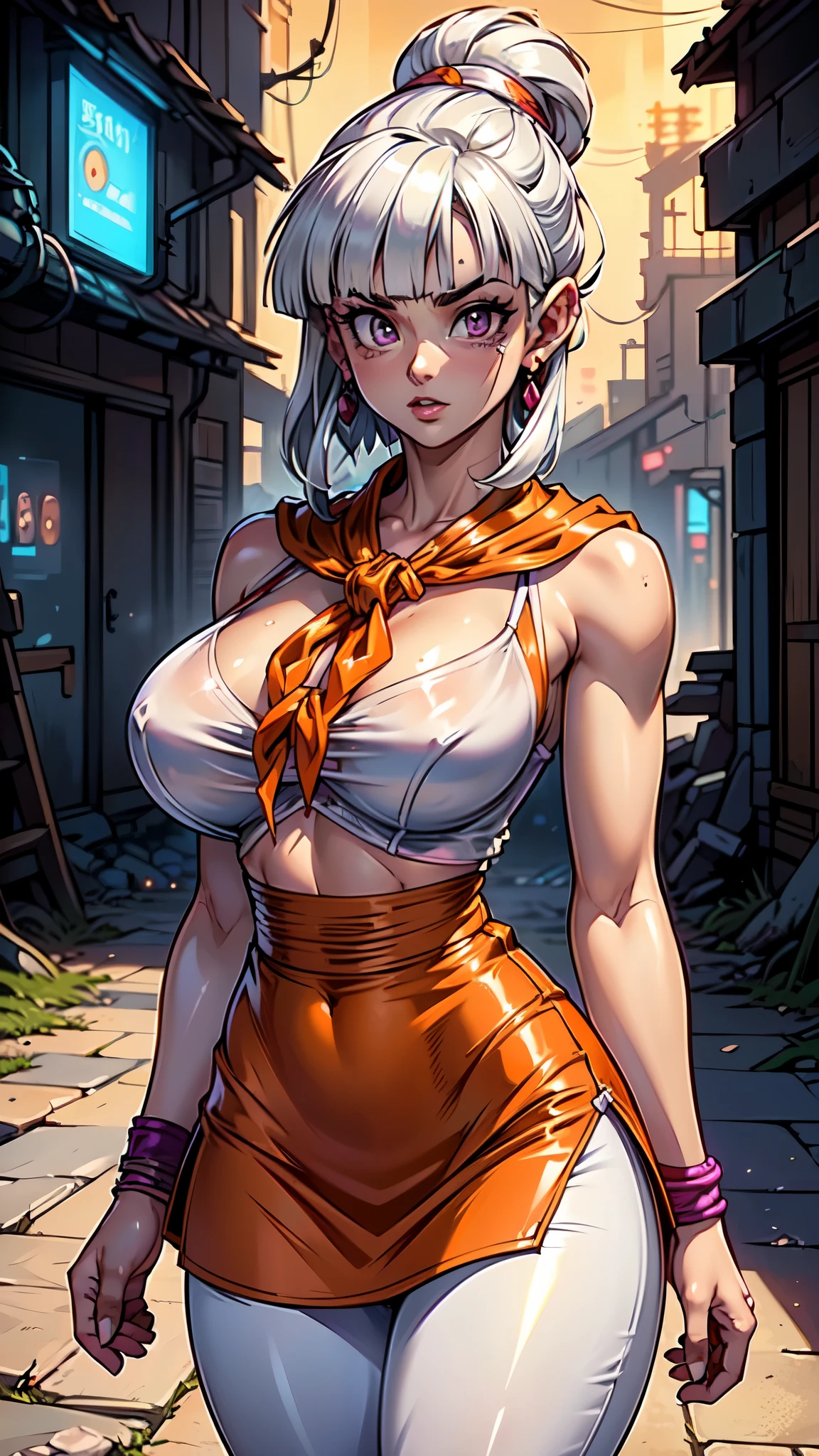 (La mejor calidad,A high resolution,Ultra - detallado,actual),(Videl dragon ball :1.4), lips,(thick\lips\), ,(Cyberpunk ruined dungeon ruins alley background :1.4 ), (miniskirt white :1.4), (medias blancas brillantes/pantys:1.4), 
(shiny glossy translucent clothing:1.4 ), dragon ball, bbchichi, single hair bun, hair bun, (blunt bangs:1.4) , sidelocks, black eyes, earrings,( orange neckerchief:1.4) , orange scarf, purple dress, sleeveless, bracelet, huge breast, 
(looking at viewer, portrait:1.1),, 
 (busty:1.1) ,  (chubby:0.1),(soft shaded neon light:1.1),dark theme, A very clean and well organized contemporary place, (dynamic cowboy pose), (perfect anatomy :1.4), (Videl dragon ball V2.1), ,( ciberpunk 2.1),( face detailed:1.4), More detailed 8K.motor irreal:1.4,UHD,La mejor calidad:1.4, fotorrealista:1.4, textura de la piel:1.4, obra maestra:1.8,obra-prima, mejor calidad,objeto Objeto], (face detailed :1.4 ),(Las proporciones correctas),(Ojos hermosos:1.4 ),  (pose vaquero), (estilo encaje lingerie white:1.4) 