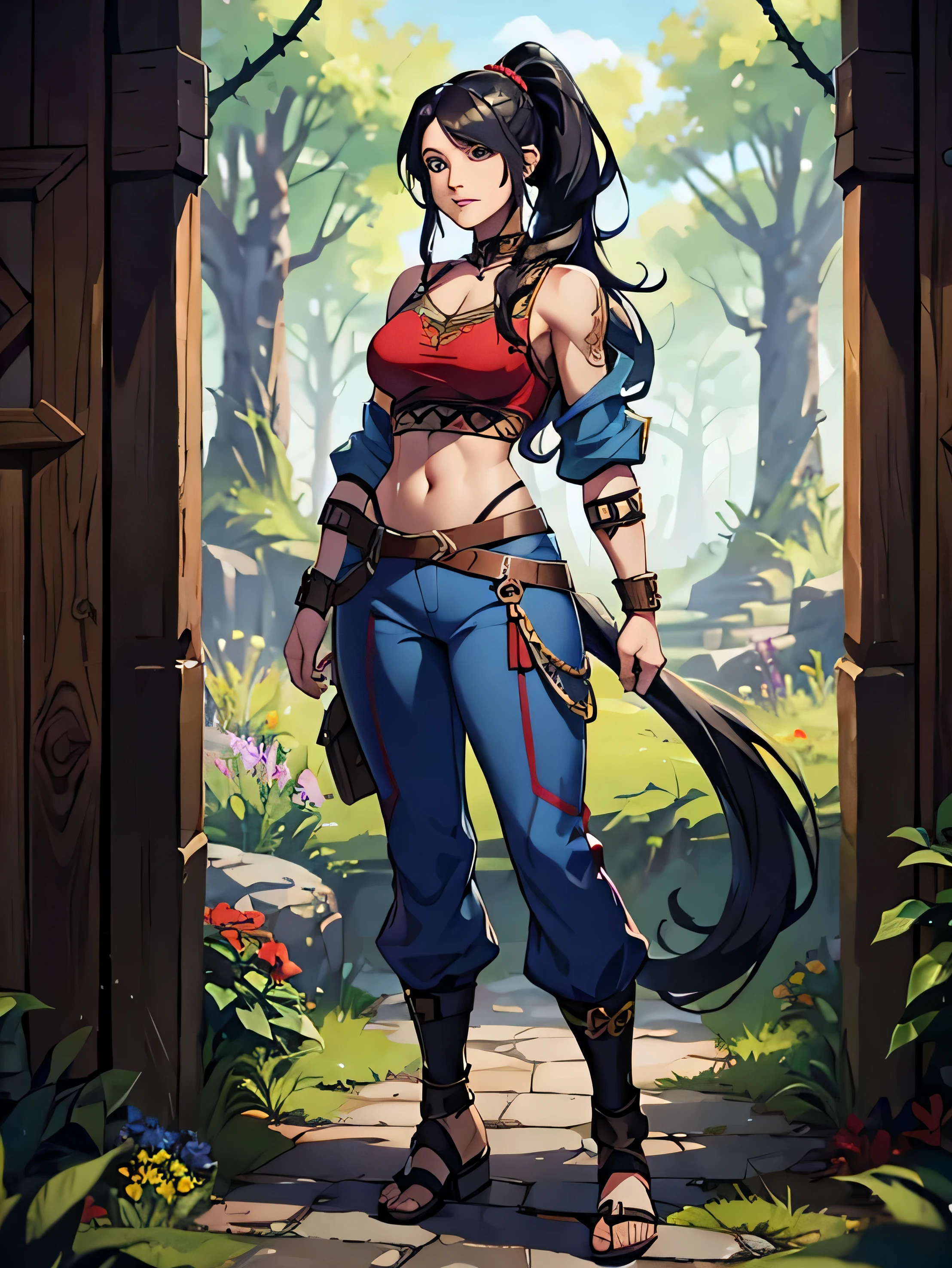 Barbarian Druid outfit, woodland armor, flowers and vines made into an outfit, Solo, female, slightly muscular, slightmuscle, big blue eyes, fantasy outfit, forest, pants, cropped jacket, modest clothingBlack hair, Black curly long hair in a ponytail, light blue eyes, tall and Toned woman, Barbarian woman, full body, aesthetic, beautiful woman,fantasy clothing, (masterpiece, best quality:1.2), solo, 1girl, smile, looking at viewer, ponytail, sandals, bare arms, no sleeves, red and blue outfit, cargo pants, red shirt, blue pants, gold accessories