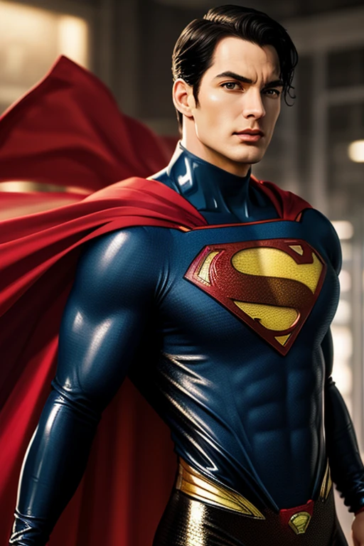 best quality,masterpiece, Superman, Ultra high detail,A handsome muscular man,Short black hair, wearing a black and gold shiny translucent latex spandex 
