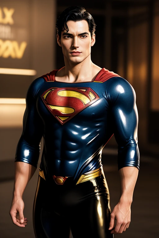 best quality,masterpiece, Superman, Ultra high detail,A handsome muscular man,Short black hair, wearing a black and gold shiny translucent latex spandex 