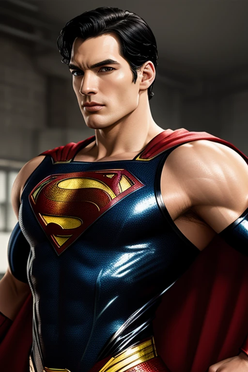 best quality,masterpiece, Superman, Ultra high detail,A handsome muscular man,Short black hair, wearing a black and gold shiny translucent latex spandex