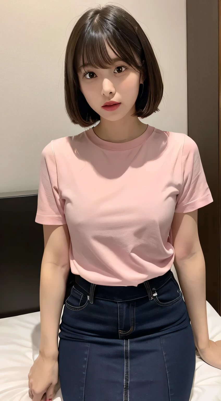 Pink tight shirt、mini skirt、I can see your pants、bed、Embarrassed face、Short sleeve、Short hair with bangs