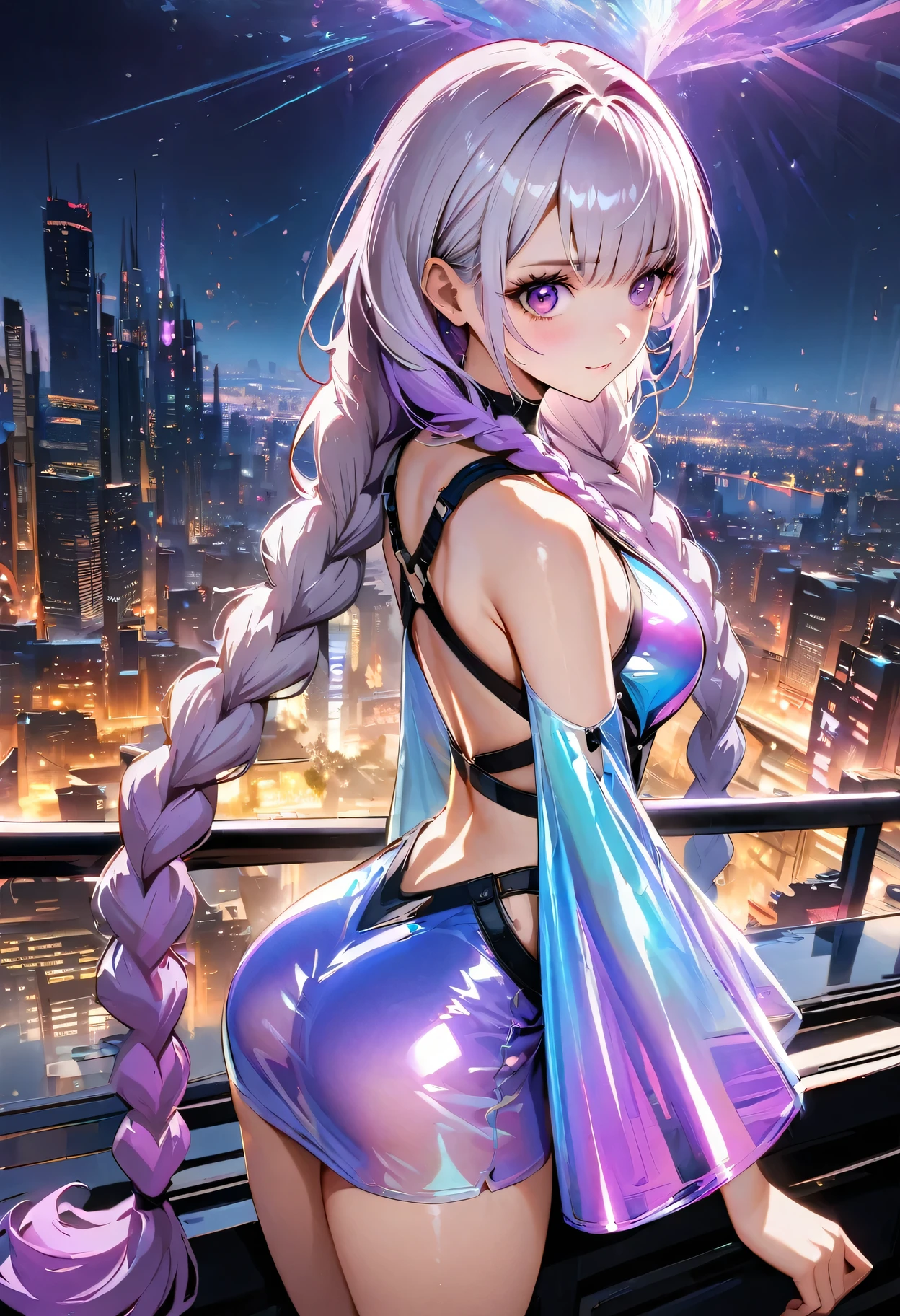 best quality,masterpiece, 2 girls Looking back over shoulder, yinji, purple hair, purple eyes, long hair, white hair, double braids, gradient hair, Refined and elegant, 3D Rendering, Transparent PVC clothing,Transparent colored vinyl garment,Prismatic,holographic,Chromatic Aberration,Fashion Illustration,looking at the audience,pixiv,Extremely detailed CG unified 8k wallpaper, Astonishing, movie lighting, Very detailed, Clear focus. (The background is a bustling city night scene) (Great Works: 1.3), perfect work of art,