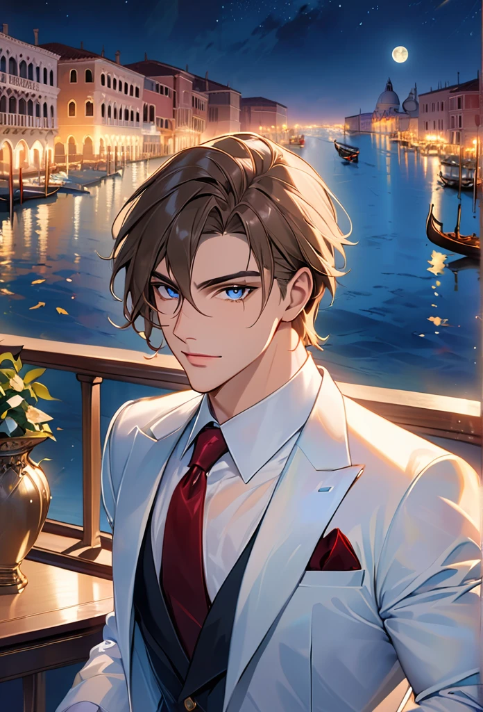 Reincarnation of Roman Emperor Constantine the Great, Independent man, 20th generation, hardworking and competent, skilled businessman, wearing a suit, honest, kind, Although mild-mannered、Ruthless if necessary, lion eyes, bright and sharp eyes, Night view of Venice, contemporary, Elegant and luxurious, Hyper image quality, super beautiful, Detailed and exquisite,