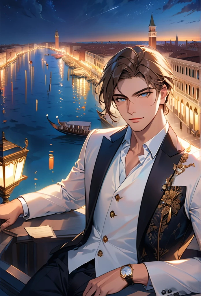 Reincarnation of Roman Emperor Constantine the Great, Independent man, 20th generation, hardworking and competent, skilled businessman, wearing a suit, honest, kind, Although mild-mannered、Ruthless if necessary, lion eyes, bright and sharp eyes, Night view of Venice, contemporary, Elegant and luxurious, Hyper image quality, super beautiful, Detailed and exquisite,