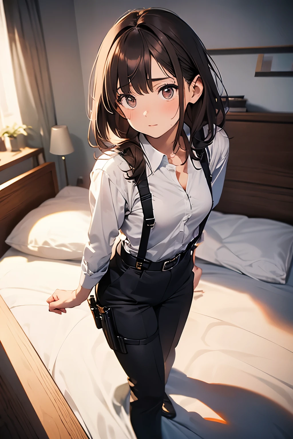 Brown Hair、Staring at the audience Black suspenders bulging big breasts wall: Black pantsuit sight Small face holster Beautiful woman Show your hand Lying in bed sight Taunt side side汗 arm Dress shirt Black Suit belt
