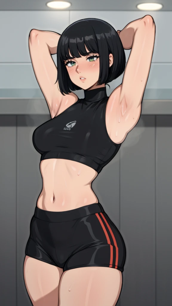 gym background、Super detailed illustrations、Super precise expression、masterpiece、highest quality、ultra high resolution、high resolution、(Sweat、body fluid)、shiny skin、black hair、bob cut hair、red eyes、black croptop turtleneck、sleeveless、Standing picture、hot pants、put hands behind head, armpits, armpits visible, sweaty armpits, small breasts