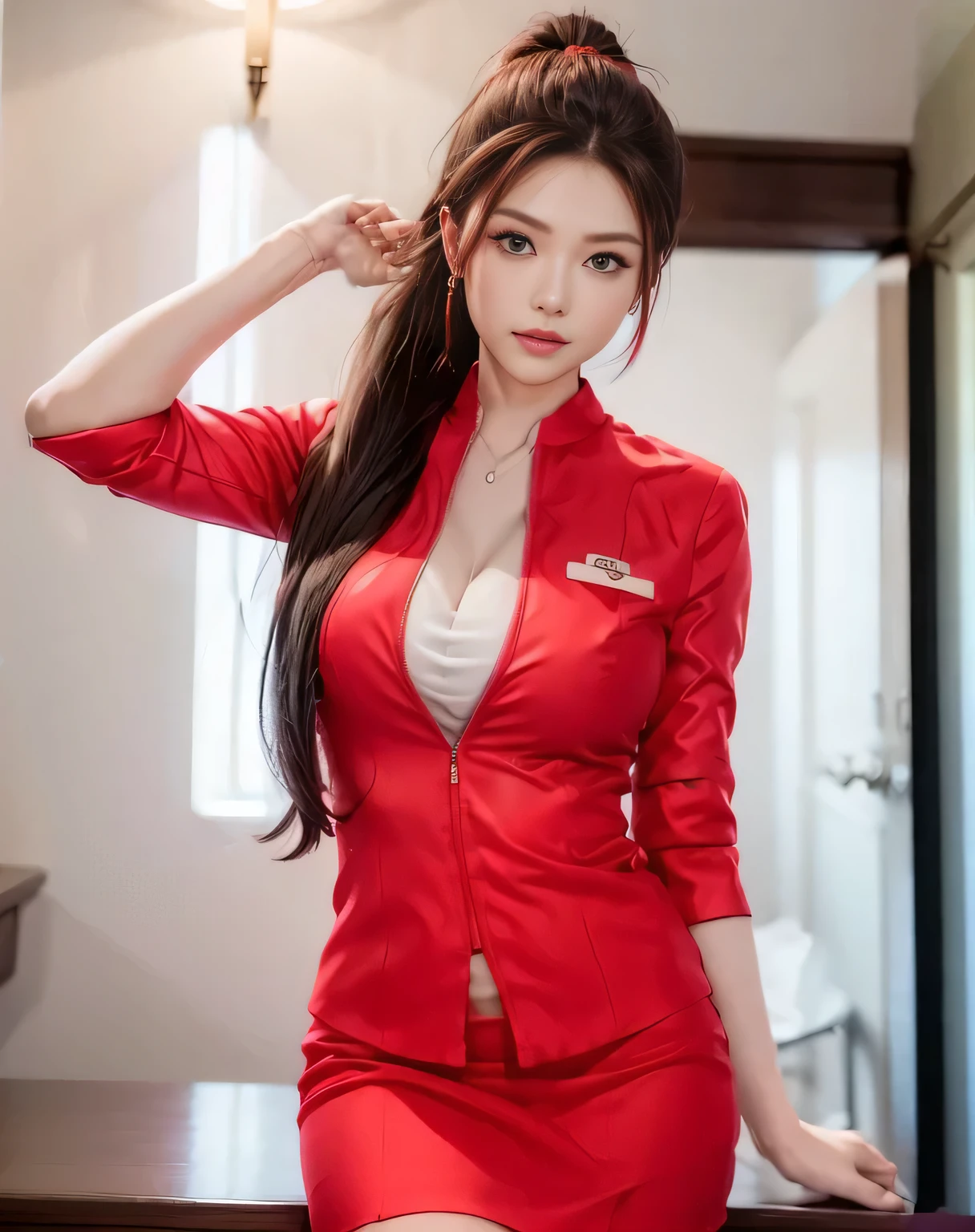 AirAsia red jacket uniform、Long hair down to the legs、Dark brown hair、Hair tied up、Tie your hair back in a ponytail、ponytail、Red rubber band、Luxury earrings、Captivating look、Blue Eyes、22 year old Asian female