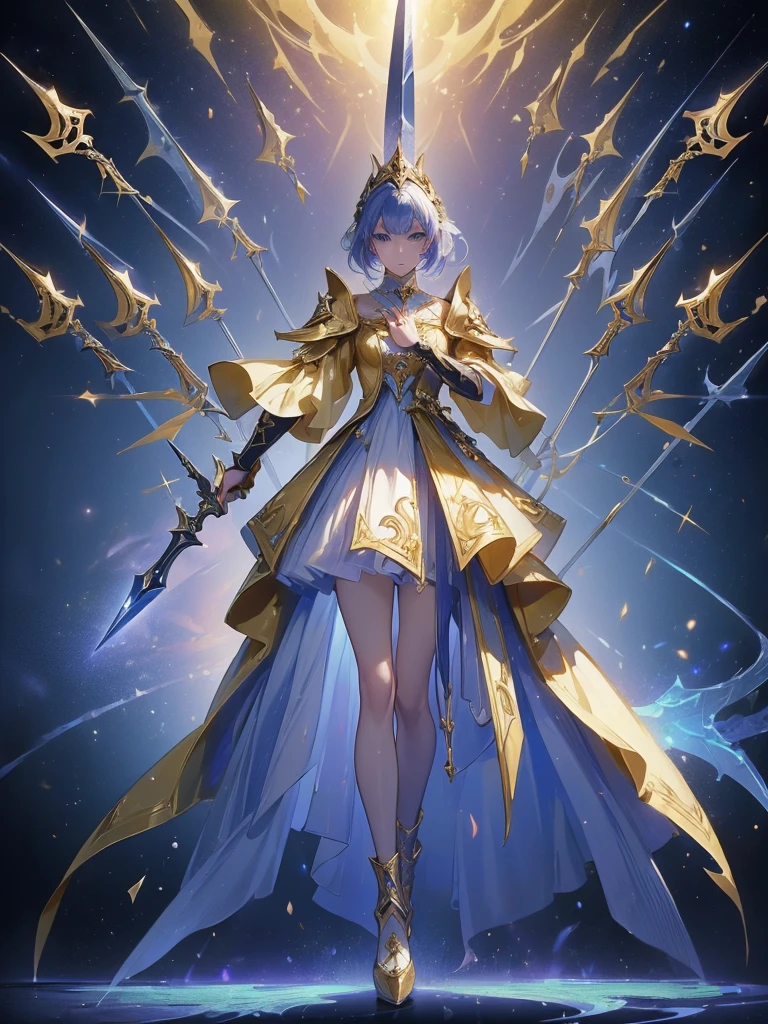 Design a layout showcase Gaming character, (1girl). Golden+Purle clothes, stylish and unique, ((showcase weapon:1.4)), magic staff, (masterpiece:1.2), (best quality), 4k, ultra-detailed, (Step by step design, layout art:1.5), (luminous lighting, atmospheric lighting), magican, ((glove full hands)), (((revealing clothes:1.3))), vambraces, armored legwear, (((full_body_shot:1.4)))