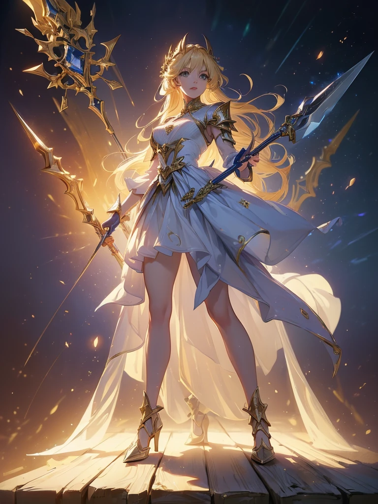 Design a layout showcase Gaming character, (1girl). Golden+Purle clothes, stylish and unique, ((showcase weapon:1.4)), magic staff, (masterpiece:1.2), (best quality), 4k, ultra-detailed, (Step by step design, layout art:1.5), (luminous lighting, atmospheric lighting), magican, ((glove full hands)), (((revealing clothes:1.3))), vambraces, armored legwear, (((full_body_shot:1.4)))