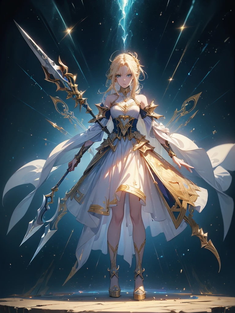 Design a layout showcase Gaming character, (1girl). Golden+Purle clothes, stylish and unique, ((showcase weapon:1.4)), magic staff, (masterpiece:1.2), (best quality), 4k, ultra-detailed, (Step by step design, layout art:1.5), (luminous lighting, atmospheric lighting), magican, ((glove full hands)), (((revealing clothes:1.3))), vambraces, armored legwear, (((full_body_shot:1.4)))