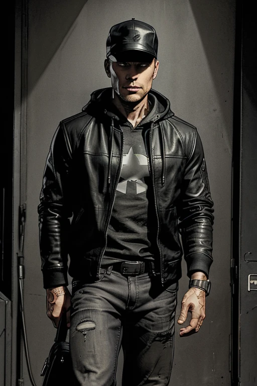 Man in Grey hoodie with a black leather jacket on top and darkened face cap and jeans and converse sneakers Heroic Presence Serious and strong pose