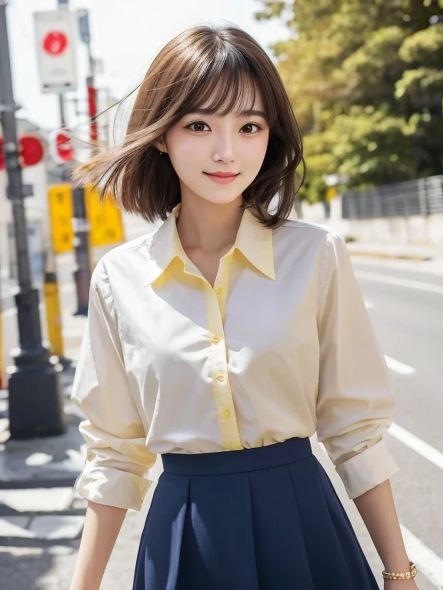 Beautiful Japanese Woman, Soft skin and a nice perfect face, A small face with a nose and rosy lips, Beautiful Eyes, Beautiful smile. black, Surrounded by a bright, ethereal glow、Thin, long, beautiful hair. A loose, short hairstyle with gradation highlights and layers of greyish beige, Navy band collar shirt x yellow houndstooth flare skirt, Bright neon colorful background, Hyperrealistic female photos, High quality high resolution 8K masterpiece