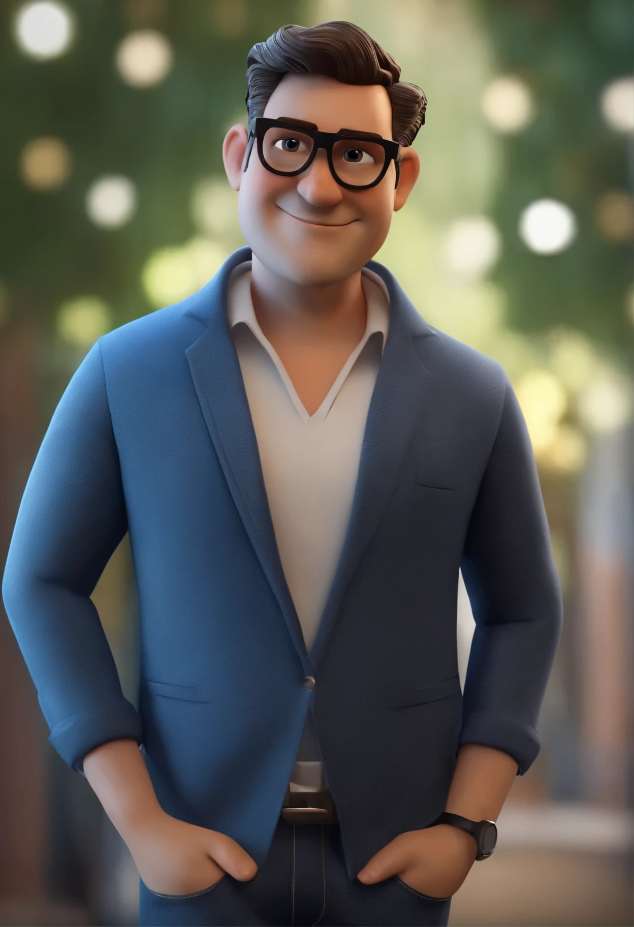 Cartoon character of a man in black glasses and blue shirt, um personagem animado, Caractere estilizado, animation style rendering, 3D estilizado, Arnold Maya rendering, Stylized 3D rendering, toon render screenshot, Personagem 3D, Personagem 3D, Stylized 3D rendering, 3D character rendering, personagem de desenho animado, Personagem de close up, Pose de personagem, (Estilo Pixar) (parte mestre:1.2) (Bokeh) (melhor qualidade) (pele detalhada) (textura detalhada) (8K) (argila) (cinematic lighting) (sharp focus,Senta e vaza a parte superior do corpo
