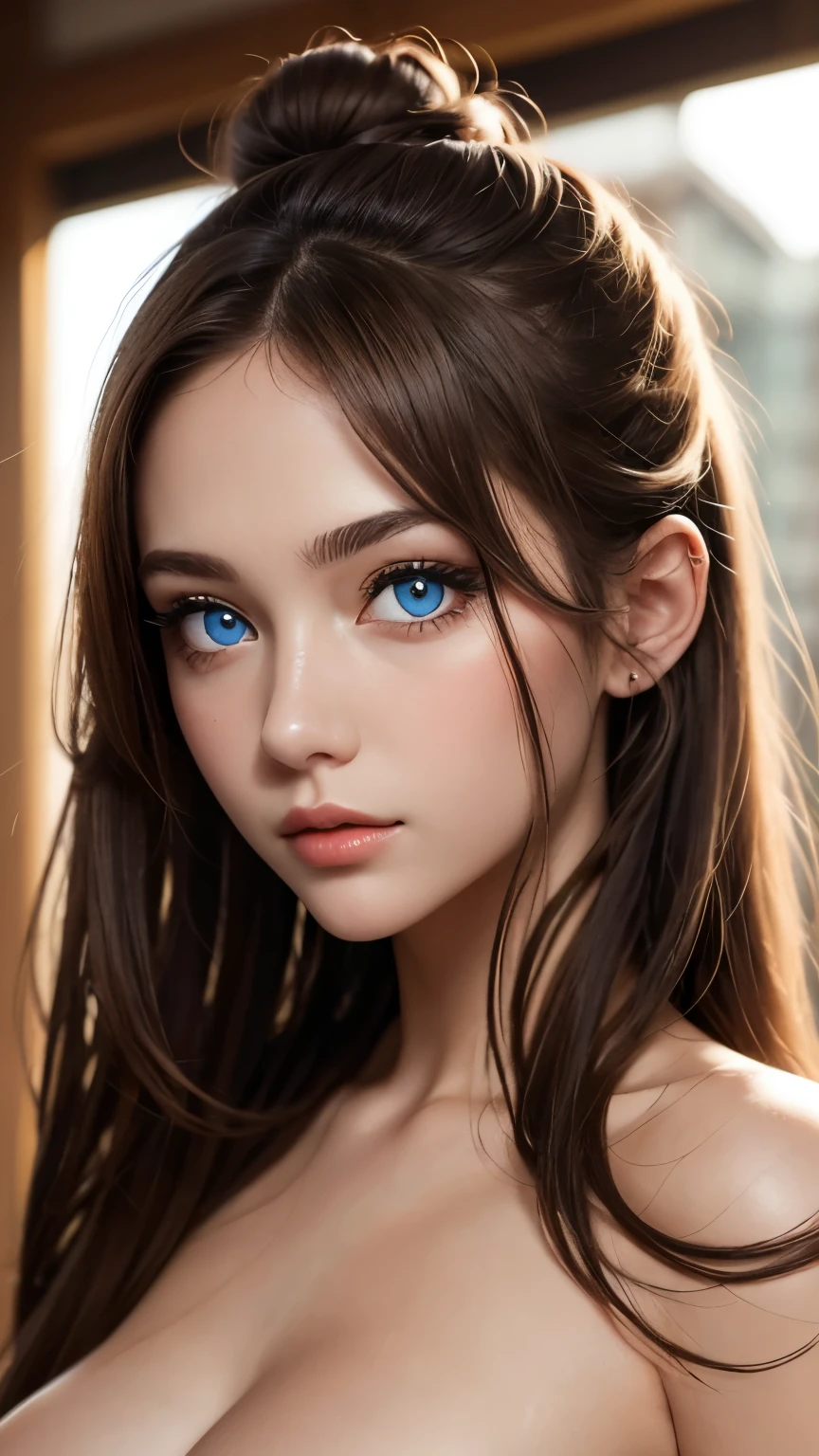 masterpiece, best quality, Beautiful young woman, Shining blue eyes, (detailed pupils:1.2), eyelash, Beautiful light brown hair, Striped hair, Polychromatic, Hair in a bun on top of head, Perfect face,,Showing the upper part of the breasailed,Upper body portrait