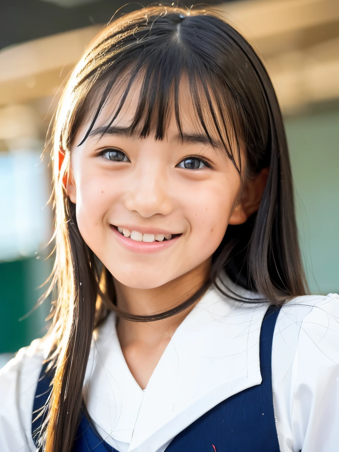 lens: 135mm f1.8, (highest quality),(RAW Photos), (Tabletop:1.1), (Beautiful 10 year old Japanese girl), Cute Face, (Deeply chiseled face:0.7), (freckles:0.4), dappled sunlight, Dramatic lighting, (Japanese School Uniform), (In the classroom), shy, (Close-up shot:1.2), (smile), (sunlight)