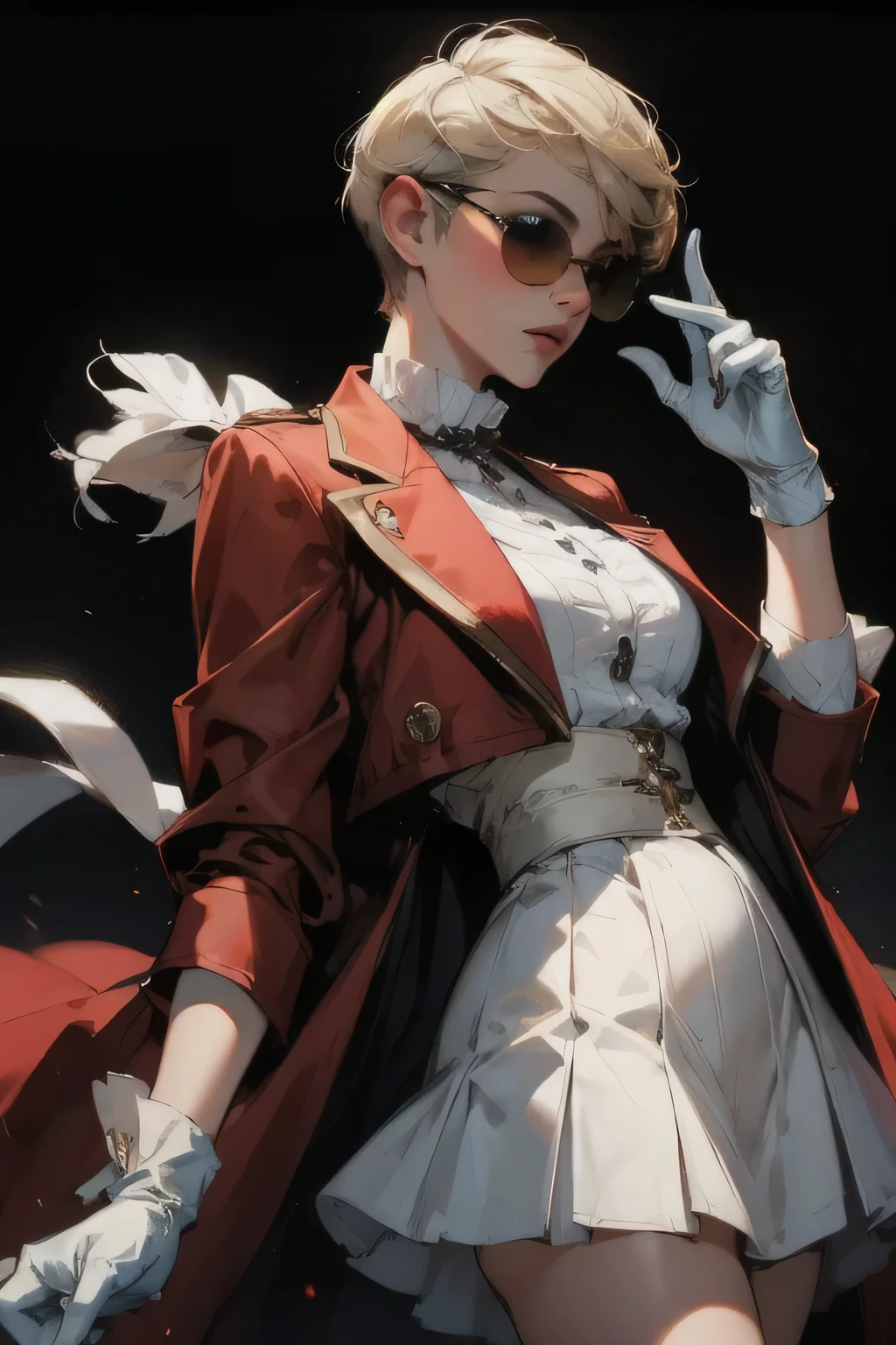  girl, with blonde ((pixie cut hair)), with black sunglasses, wearing a red velvet coat, white skirt, and a white gloves