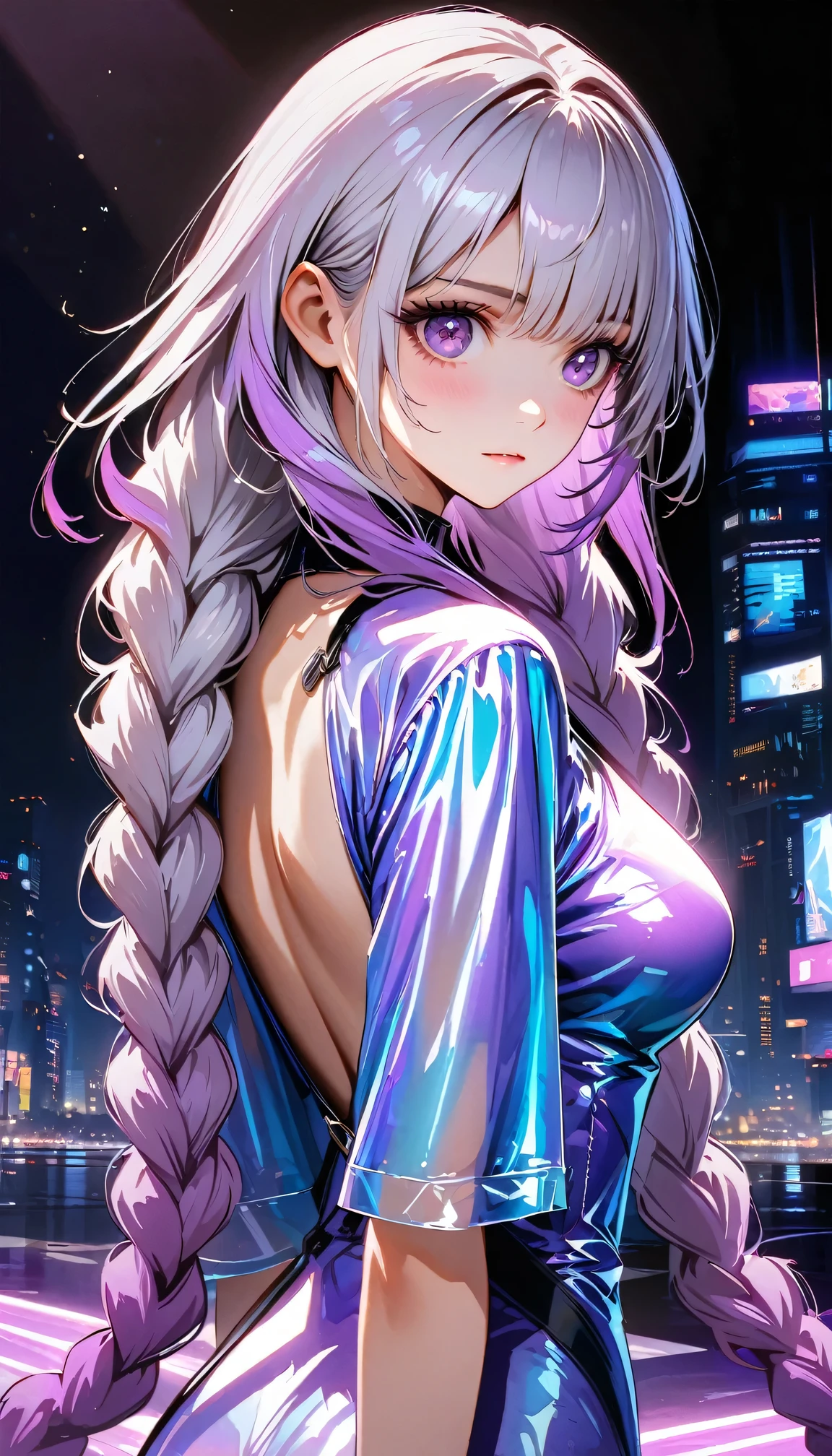 best quality,masterpiece, a girl Looking back over shoulder, yinji, purple hair, purple eyes, long hair, white hair, double braids, gradient hair, Refined and elegant, 3D Rendering, Transparent PVC clothing,Transparent colored vinyl garment,Prismatic,holographic,Chromatic Aberration,Fashion Illustration,looking at the audience,pixiv,Extremely detailed CG unified 8k wallpaper, Astonishing, movie lighting, Very detailed, Clear focus. (The background is a bustling city night scene) (Great Works: 1.3), perfect work of art,