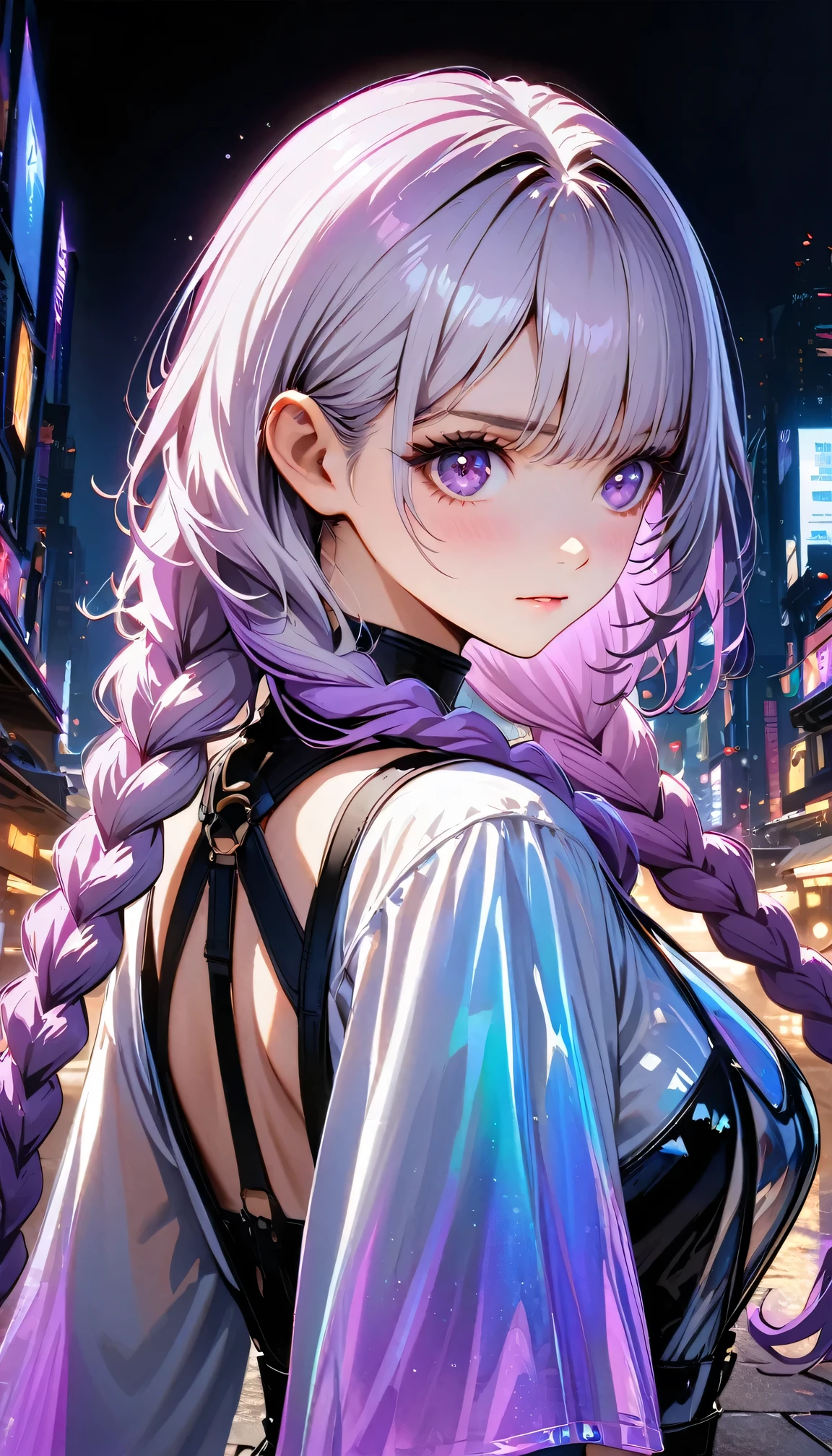 best quality,masterpiece, a girl Looking back over shoulder, yinji, purple hair, purple eyes, long hair, white hair, double braids, gradient hair, Refined and elegant, 3D Rendering, Transparent PVC clothing,Transparent colored vinyl garment,Prismatic,holographic,Chromatic Aberration,Fashion Illustration,looking at the audience,pixiv,Extremely detailed CG unified 8k wallpaper, Astonishing, movie lighting, Very detailed, Clear focus. (The background is a bustling city night scene) (Great Works: 1.3), perfect work of art,
