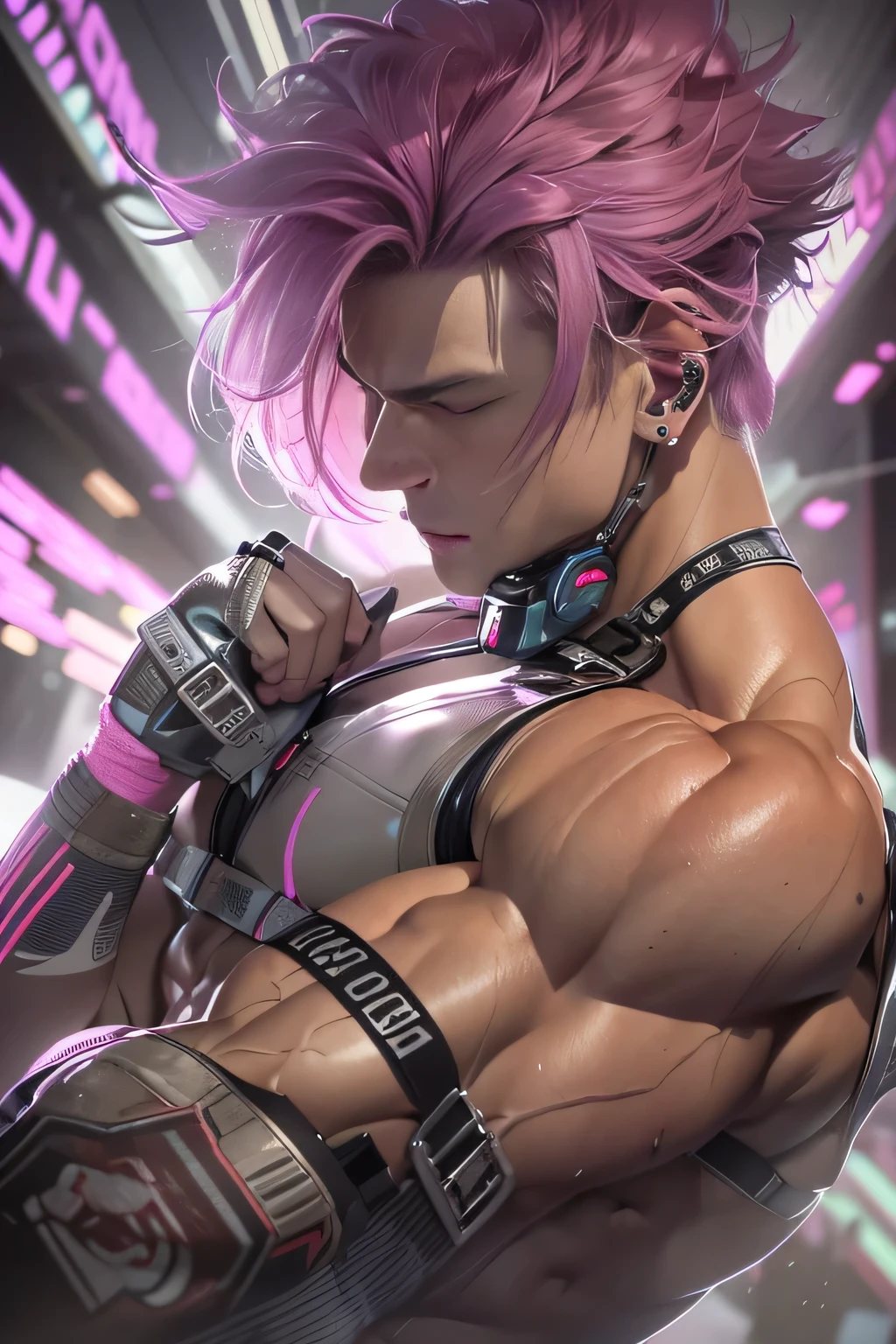 man, male masculine, masterpiece, photorealistic image, a handsome 30 year old taiwanese man, stylish pink hair, muscular bodybuilder, cyberpunk clothing, sci-fi background, perfect cock, dripping precum, cumshot, cum, , projectile , artistic angle, very dim lighting, god rays, extremely dramatic shadows, , full body, fill frame, best composition