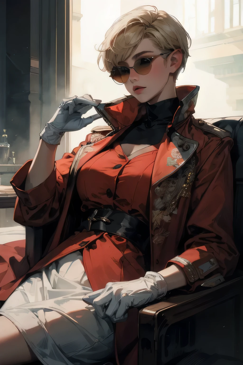  girl, with blonde ((pixie cut hair)), with black sunglasses, wearing a red velvet coat, white skirt, and a white gloves