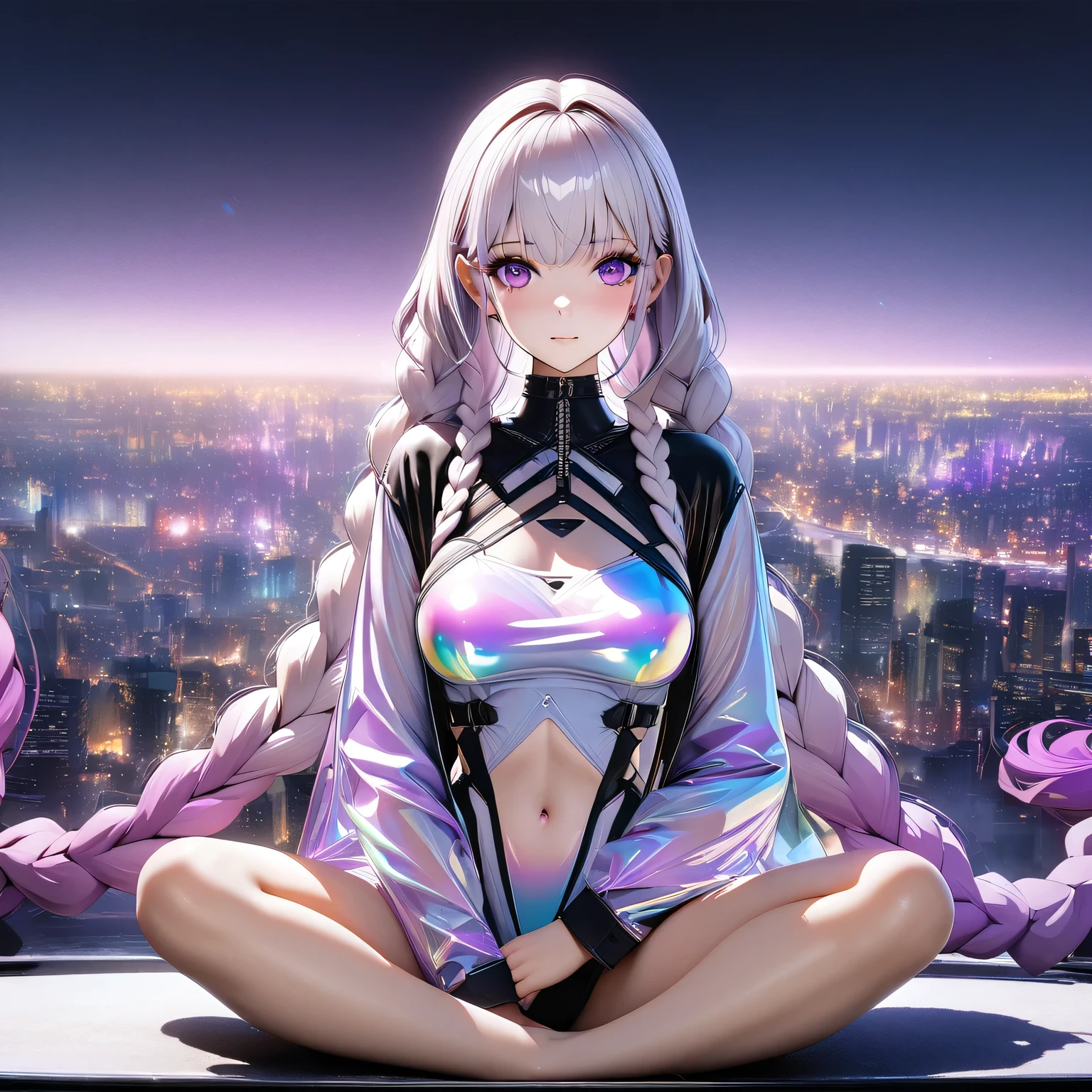 best quality,masterpiece, Medium shot, a girl Lotus position in Yoga, yinji, purple hair, purple eyes, long hair, white hair, double braids, gradient hair, Refined and elegant, 3D Rendering, Transparent PVC clothing,Transparent colored vinyl garment,Prismatic,holographic,Chromatic Aberration,Fashion Illustration,looking at the audience,pixiv,Extremely detailed CG unified 8k wallpaper, Astonishing, movie lighting, Very detailed, Clear focus. (The background is a bustling city night scene) (Great Works: 1.3), perfect work of art,