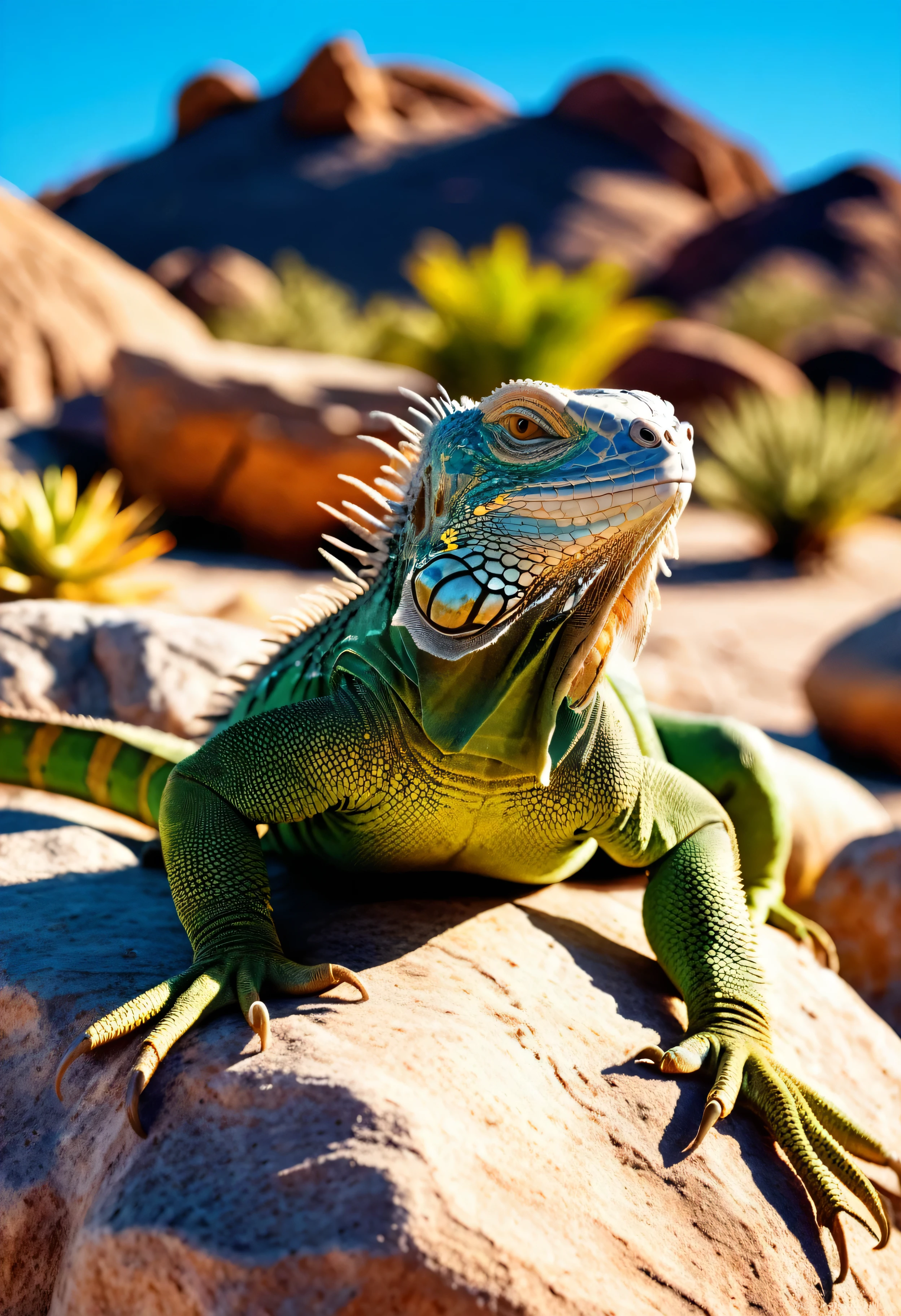 a highly detailed iguana relaxing on a rock, sun-drenched desert landscape, clear sky, warm lighting, vibrant colors, photorealistic, 8k, best quality, intricate details, realistic textures, natural setting, (best quality 1.8), ((masterpiece))