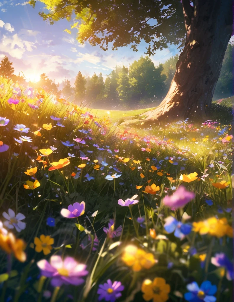 Close-up of colorful wildflowers in grass meadow, blue sky, cloudy, tree, spring, cinematic light, bokeh, sunlit