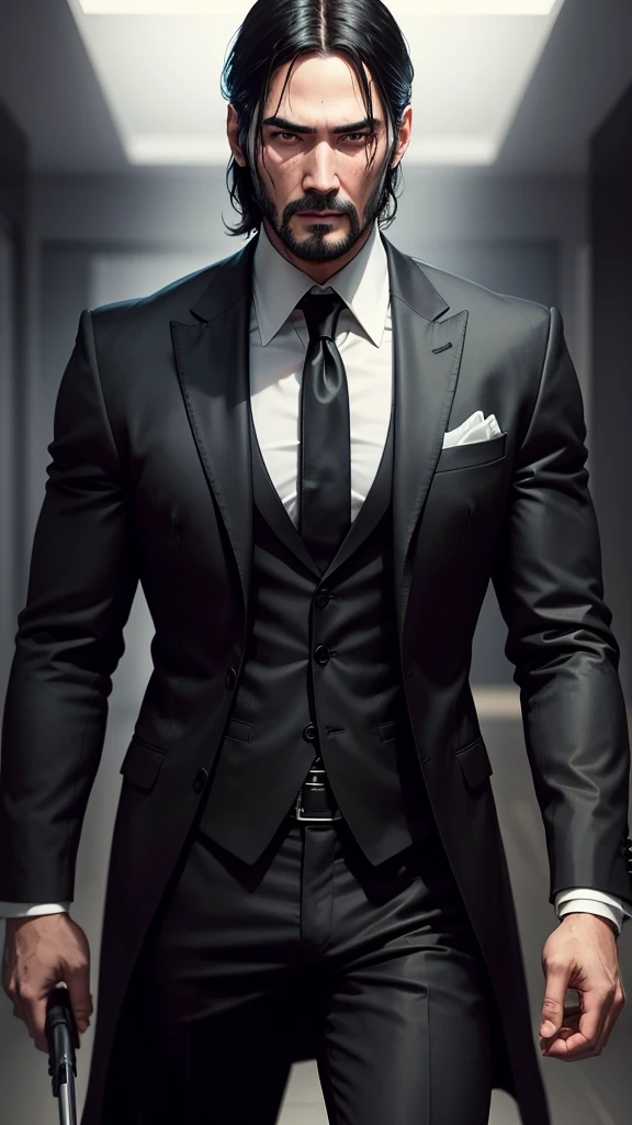 John Wick black suit young businessman black hair ultra masculine face strong face sharp face high contrast looking directly at camera