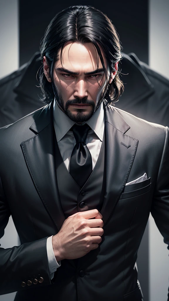 John Wick black suit young businessman black hair ultra masculine face strong face sharp face high contrast looking directly at camera