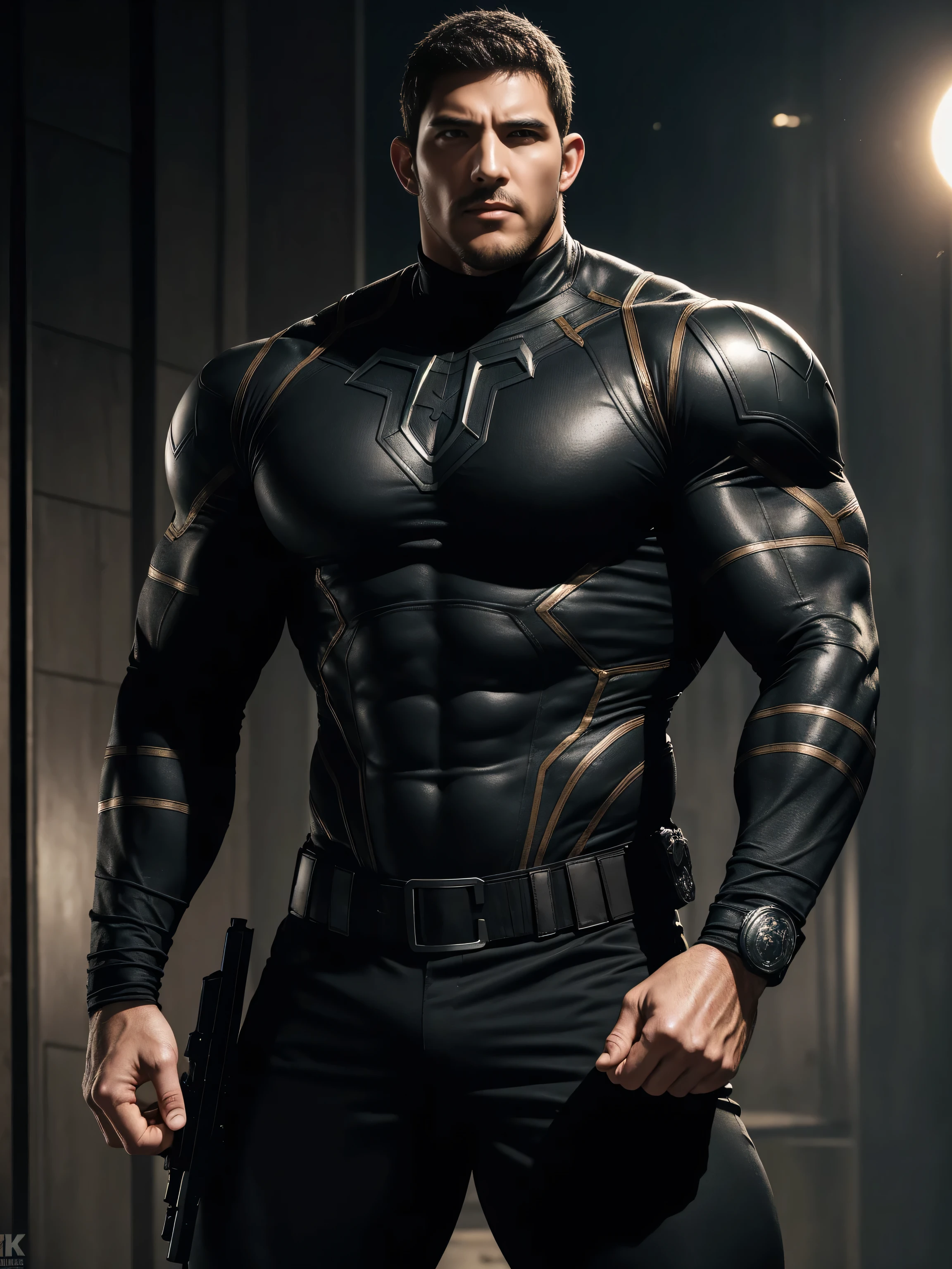 One Tall giant muscular police officer,  On the old-style outdoor streets, Wearing long-sleeved brown superhero Black Panther bodysuit, Elastic spandex material，The expression is arrogant, Lift your chin, Messy hair, Thick thighs, Brown Superhero Bodysuit with Turtleneck and Long Sleeves, very tight, Regular symmetrical pattern, Highlight muscles, Police uniform pants, character concept（Resident Evil - Chris Redfield, Chris Redfield）A proud expression, Deep and charming eyes, Heroic male pose, tall Burly, muscular！muscular thighs, tough guy, perfect facial features, High, Burly, Heqiang, Super polished and cool, High Resolution Committee, Charismatic, The sun is blazing, dazzling