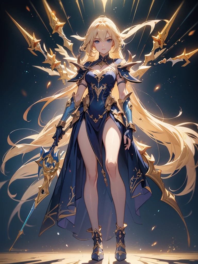 Design a layout showcase Gaming character, (1girl). Golden+Purle clothes, stylish and unique, ((showcase weapon:1.4)), magic staff, (masterpiece:1.2), (best quality), 4k, ultra-detailed, (Step by step design, layout art:1.5), (luminous lighting, atmospheric lighting), magican, ((glove full hands)), (((revealing clothes:1.3))), vambraces, armored legwear, (((full_body_shot:1.4)))