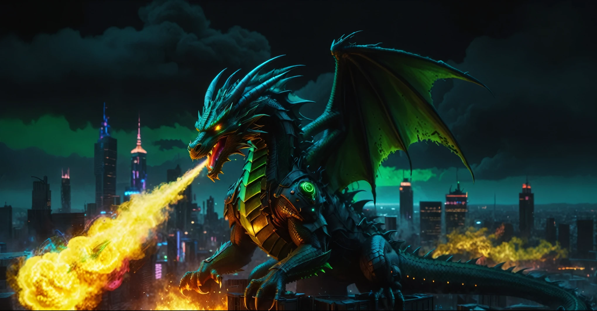 A stunning, high-quality image of a cyberpunk szene This Dragon destroying the city spitting green fire, with any cyberpunk parts, green eyes, piece seamlessly blends photography, dark and neon awesome separation colors blue red yellow black and Black, background Cyberpunk in Green Fire borning up, illustration, 3D rendering, and painting to create a cinematic experience that evokes both wonder and danger, dark fantasy, cinematic, poster, 3d render, illustration, painting, photo, vibrant