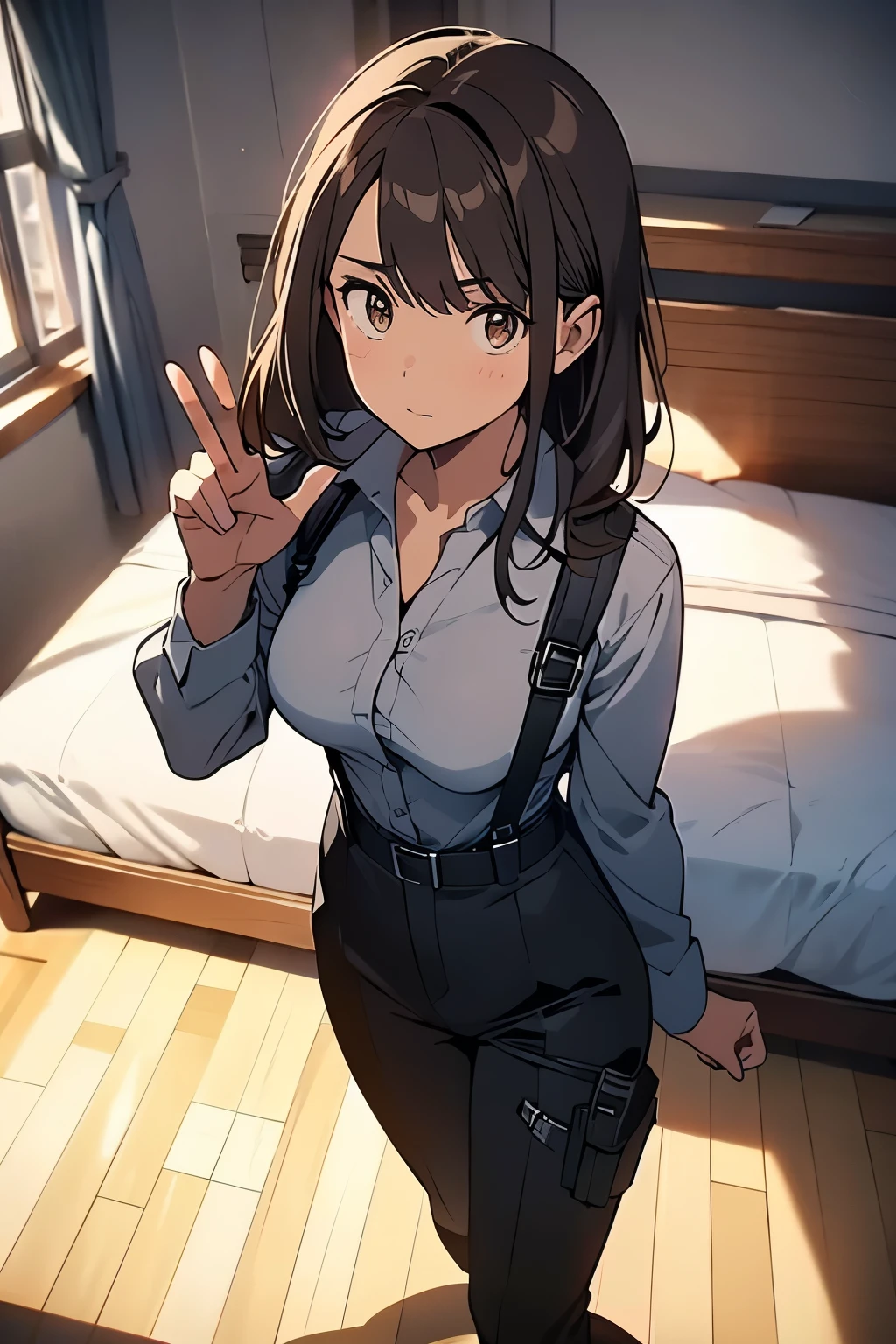 Brown Hair、Staring at the audience　　　Black suspenders　　　bulging big breasts　　 　 　　　wall: 　Black pantsuit　　　　　　sight　　　Small face　 　　　holster　　　Beautiful woman　　Show your hand　　 Lying in bed　　sight 　　Taunt　side　side汗 　arm　Dress shirt　Black Suit　belt