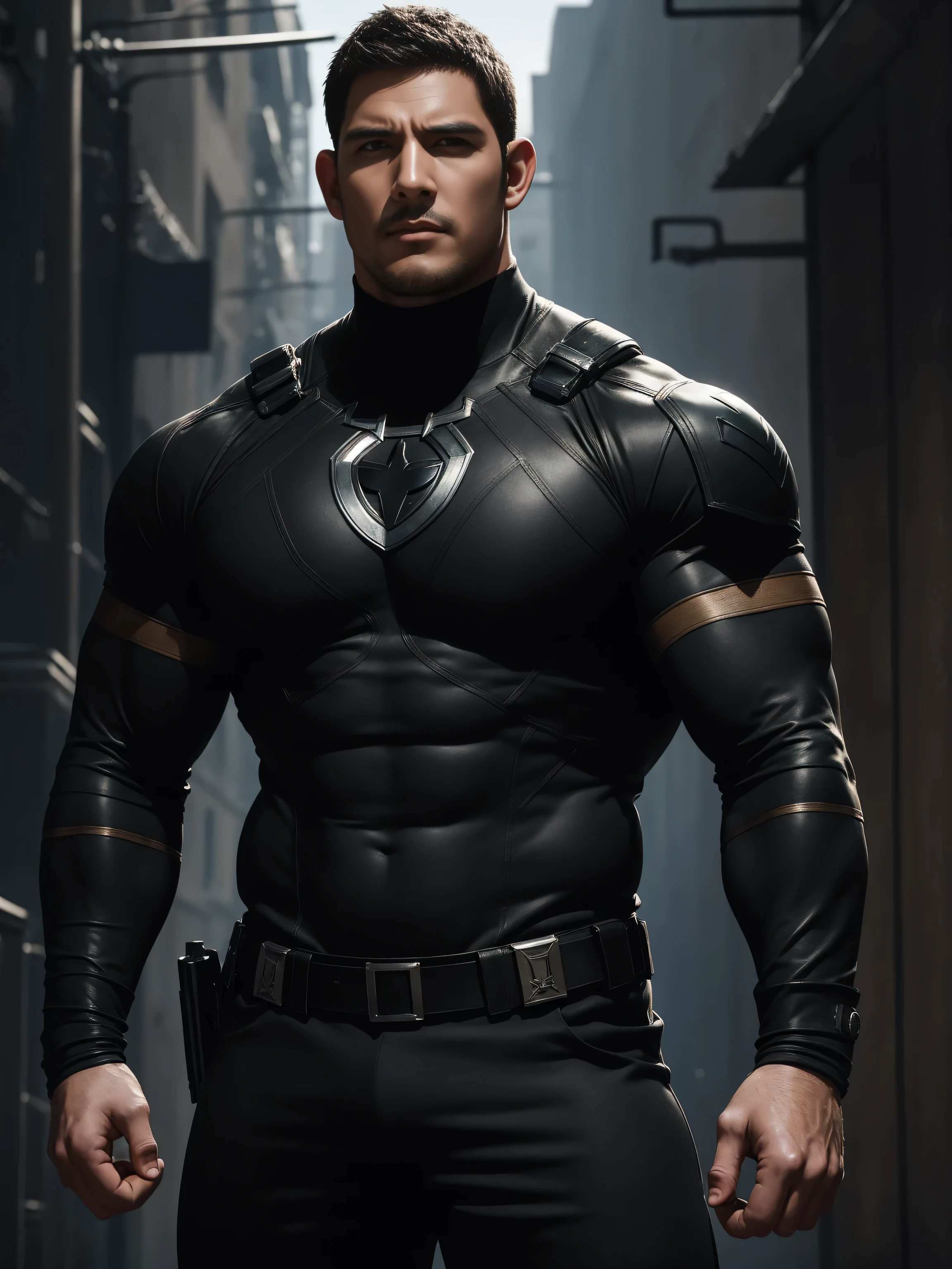 One Tall giant muscular police officer, On the old-style outdoor streets, Wearing long-sleeved brown superhero Black Panther bodysuit, Elastic spandex material,The expression is arrogant, Lift your chin, Messy hair, Thick thighs, Brown Superhero Bodysuit with Turtleneck and Long Sleeves, very tight, Regular symmetrical pattern, Highlight muscles, Police uniform pants, character concept(Resident Evil - Chris Redfield, Chris Redfield)A proud expression, Deep and charming eyes, Heroic male pose, tall Burly, muscular!muscular thighs, tough guy, perfect facial features, High, Burly, Heqiang, Super polished and cool, High Resolution Committee, Charismatic, The sun is blazing, dazzling