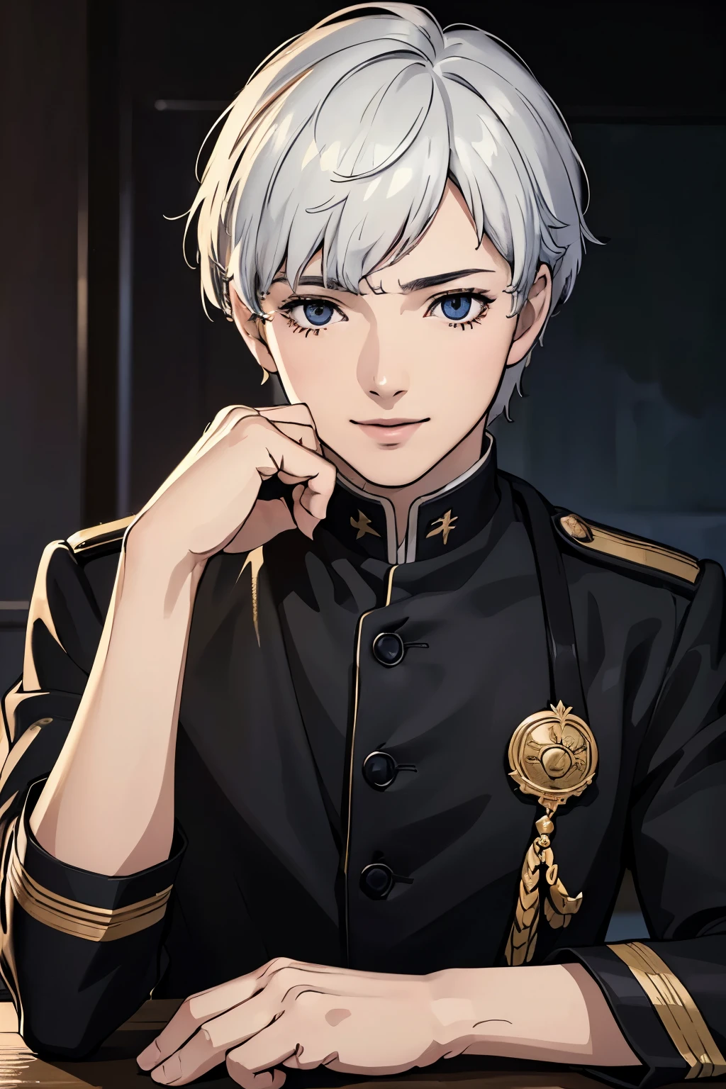  (best quality,4k,8k,highres,masterpiece:1.2),ultra-detailed,(realistic,photorealistic,photo-realistic:1.37),extremely detailed face and eyes, teenage man smiling, detailed hands on face, eyes sleepy, white hair, black school janpanese uniform